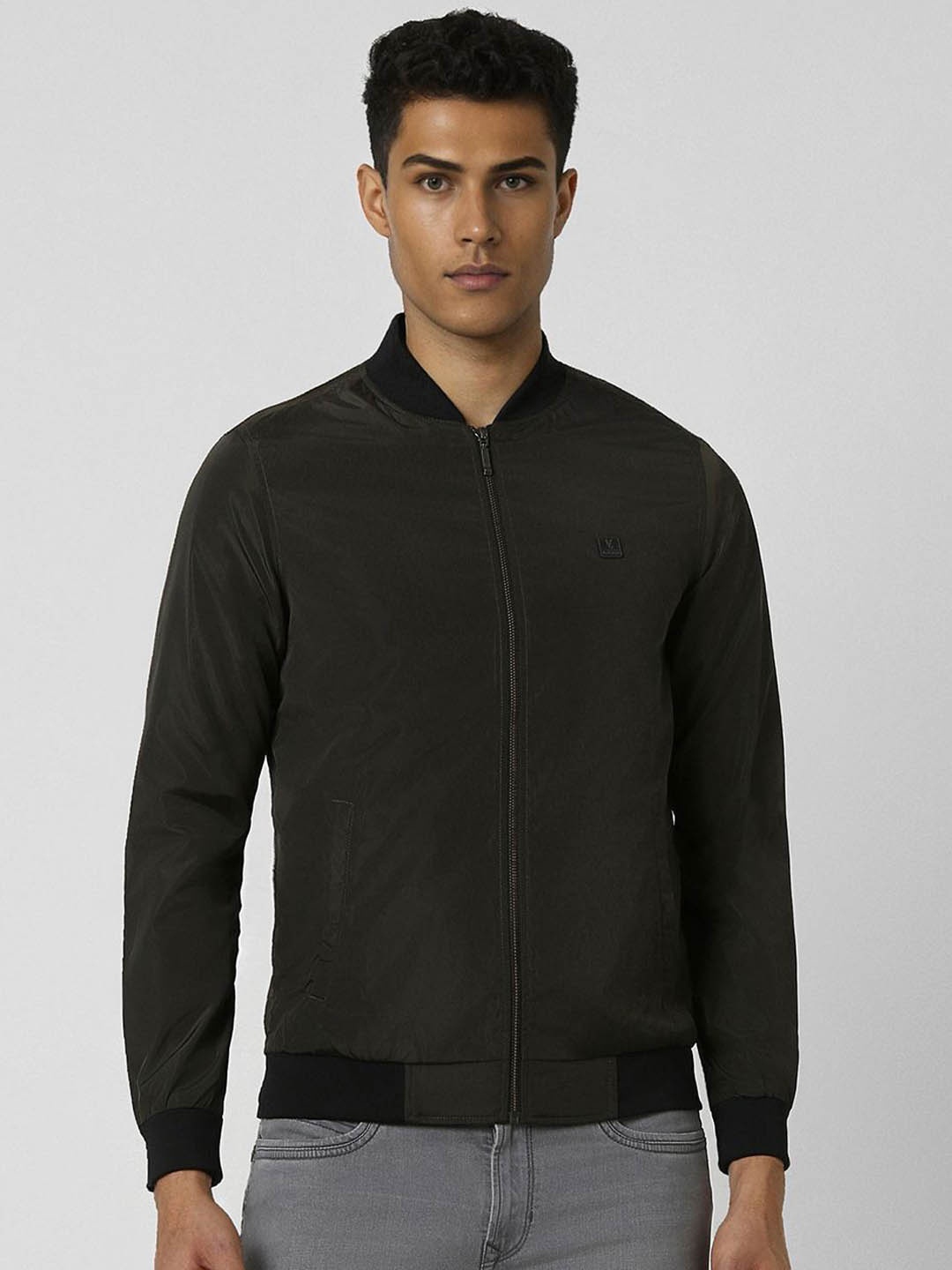 

V Dot Men Stand Collar Solid Casual Bomber Jacket, Charcoal
