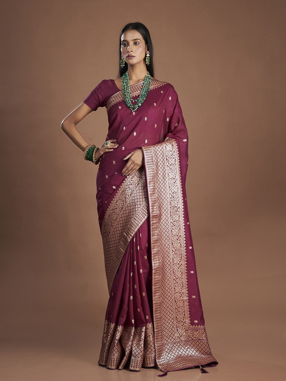 

ISHKIYA Ethnic Motifs Zari Pure Silk Khadi Saree, Burgundy