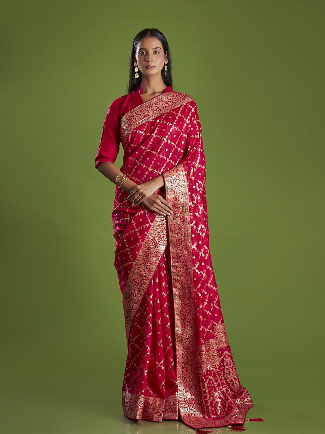 

ISHKIYA Ethnic Motifs Zari Pure Silk Khadi Saree, Red