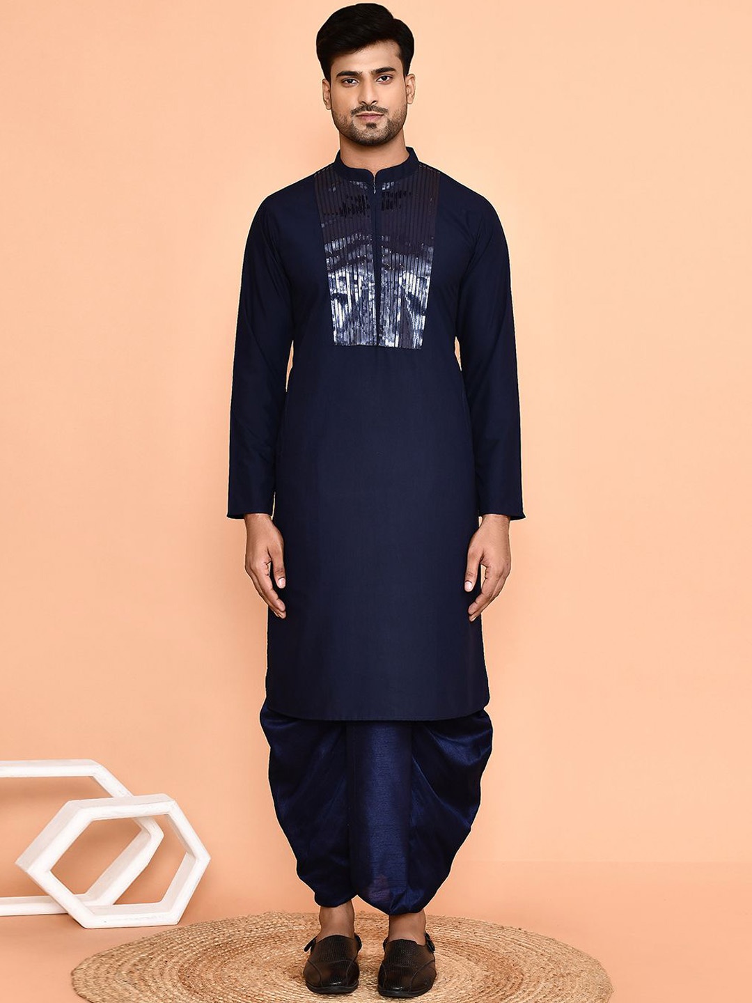 

Arihant Rai Sinha Mandarin Collar Sequinned Straight Kurta With Dhoti, Blue