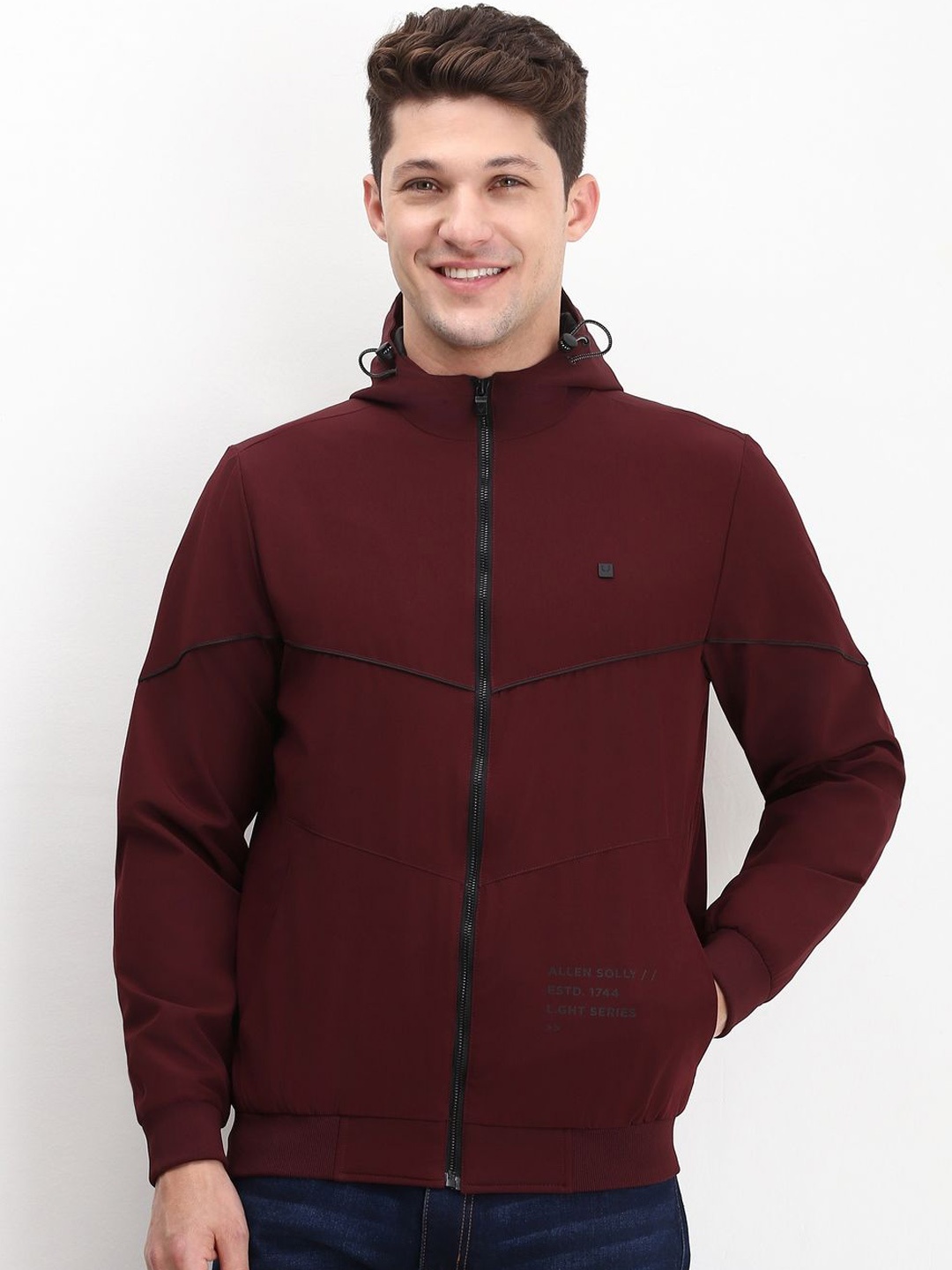 

Allen Solly Men Mock Collar Solid Cotton Casual Bomber Jacket, Maroon