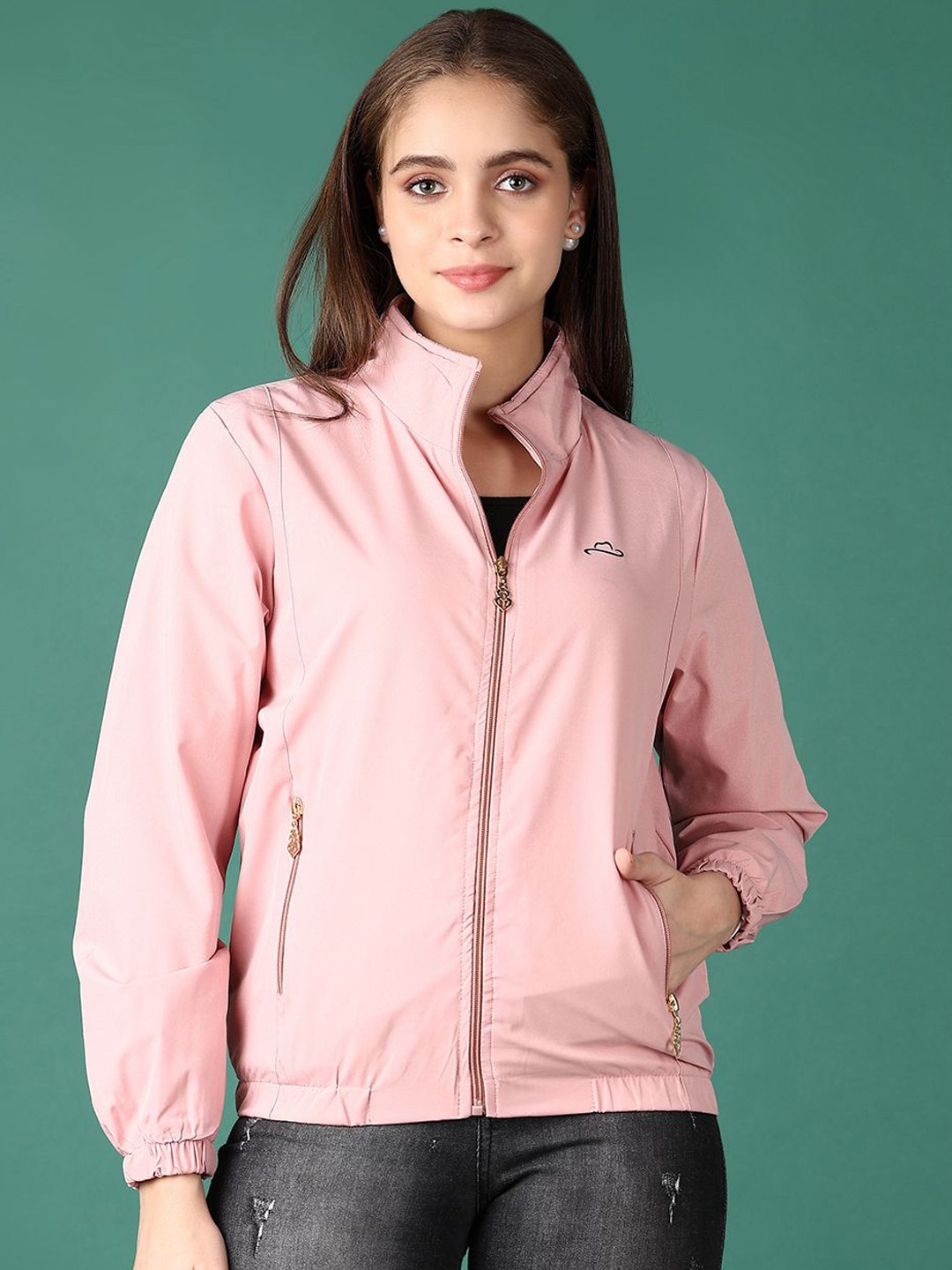 

V-Mart Women Mock Collar Solid Cotton Casual Bomber Jacket, Pink