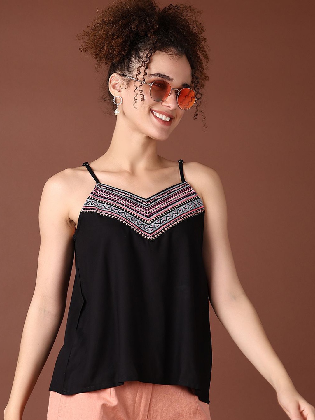

V-Mart Women Ethnic Embroidered Shoulder Straps Top, Black