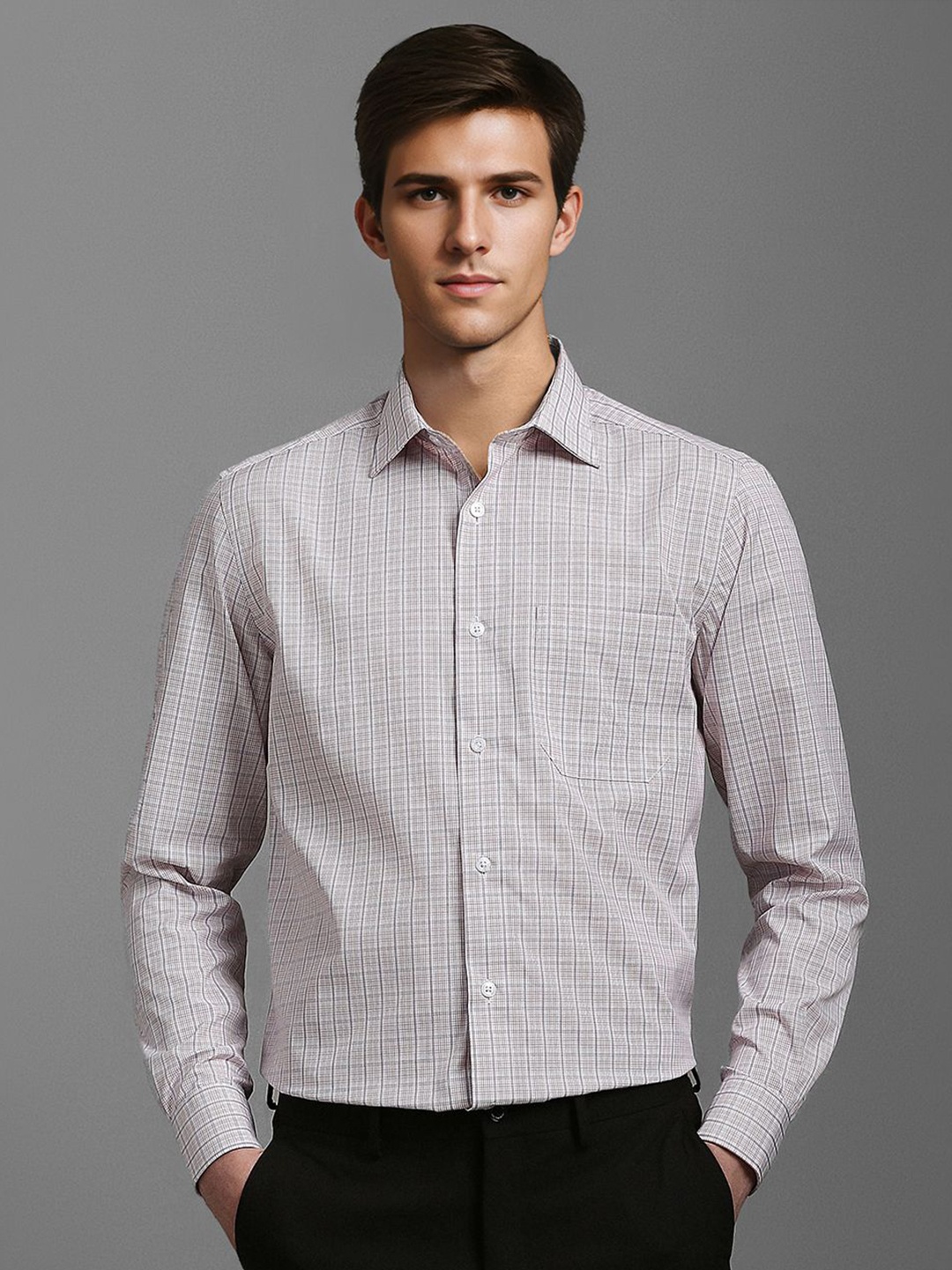 

Louis Philippe Men Classic Spread Collar Checked Cotton Formal Shirt, Beige