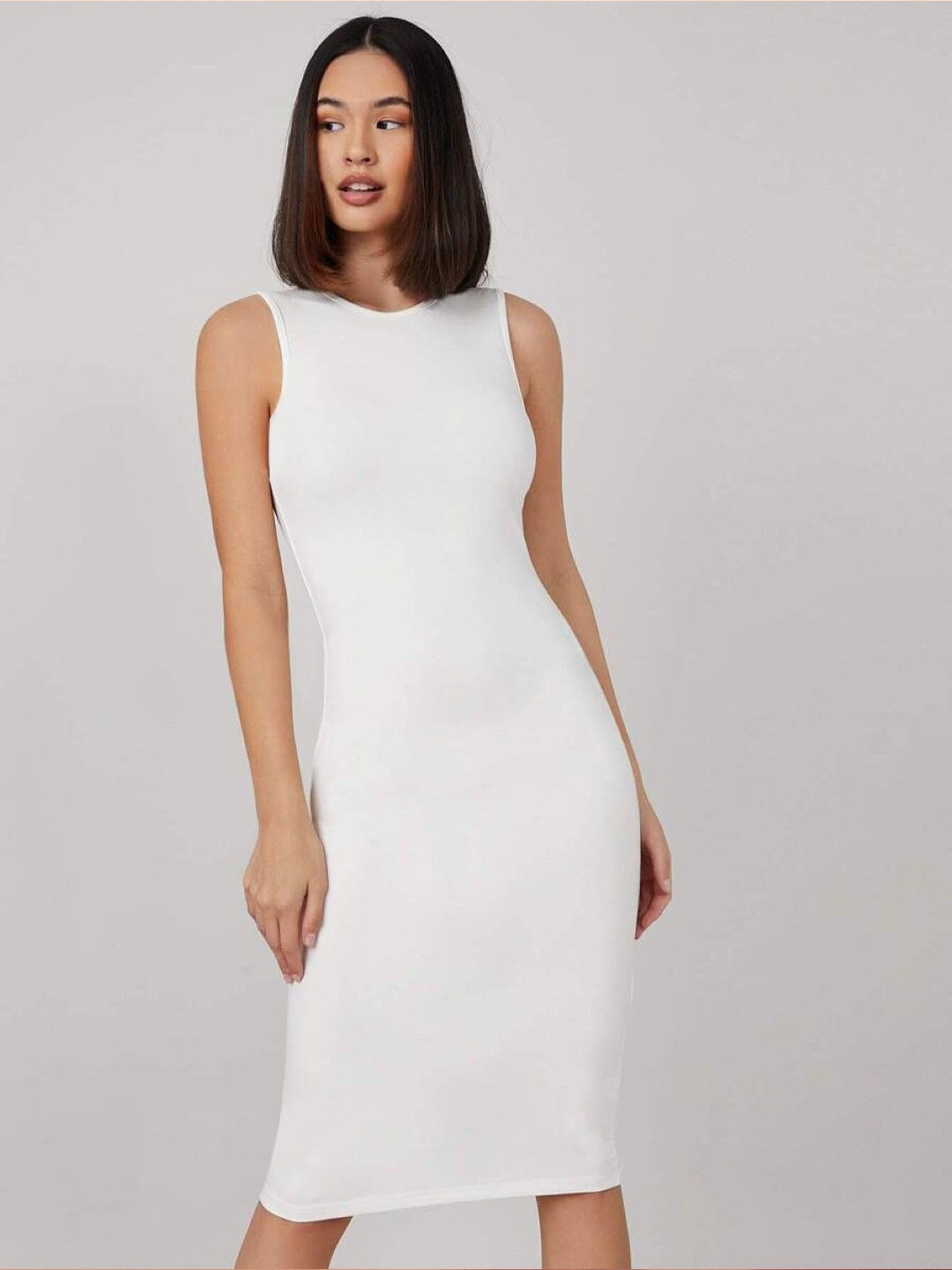 

KALINI Solid Round Neck Sleeveless Bodycon Midi Dress, White