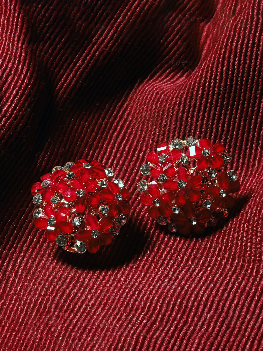 

Maansh Rose Gold-Plated Stone Studded & Beaded Floral Studs, Red