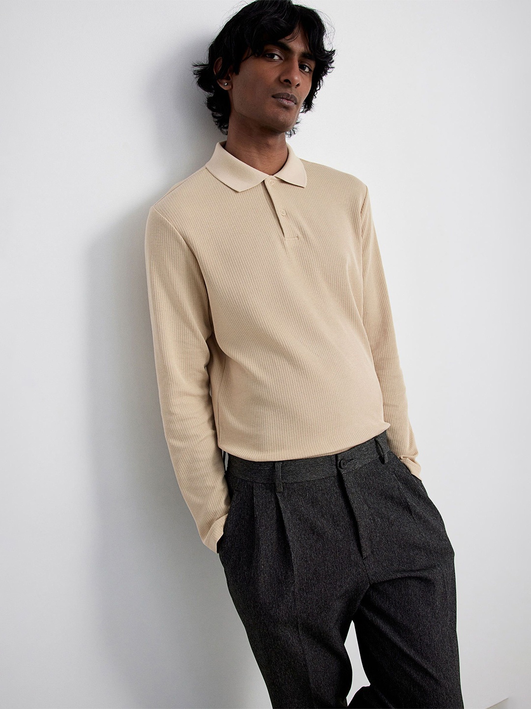 

H&M Regular Fit Ribbed polo shirt, Beige