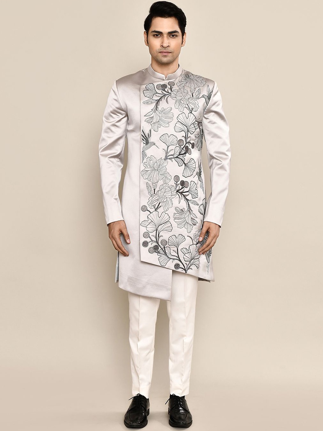 

Aryavir Malhotra Lily Bloom Embroidered Pure Silk Asymmetric Achkan Set, Grey