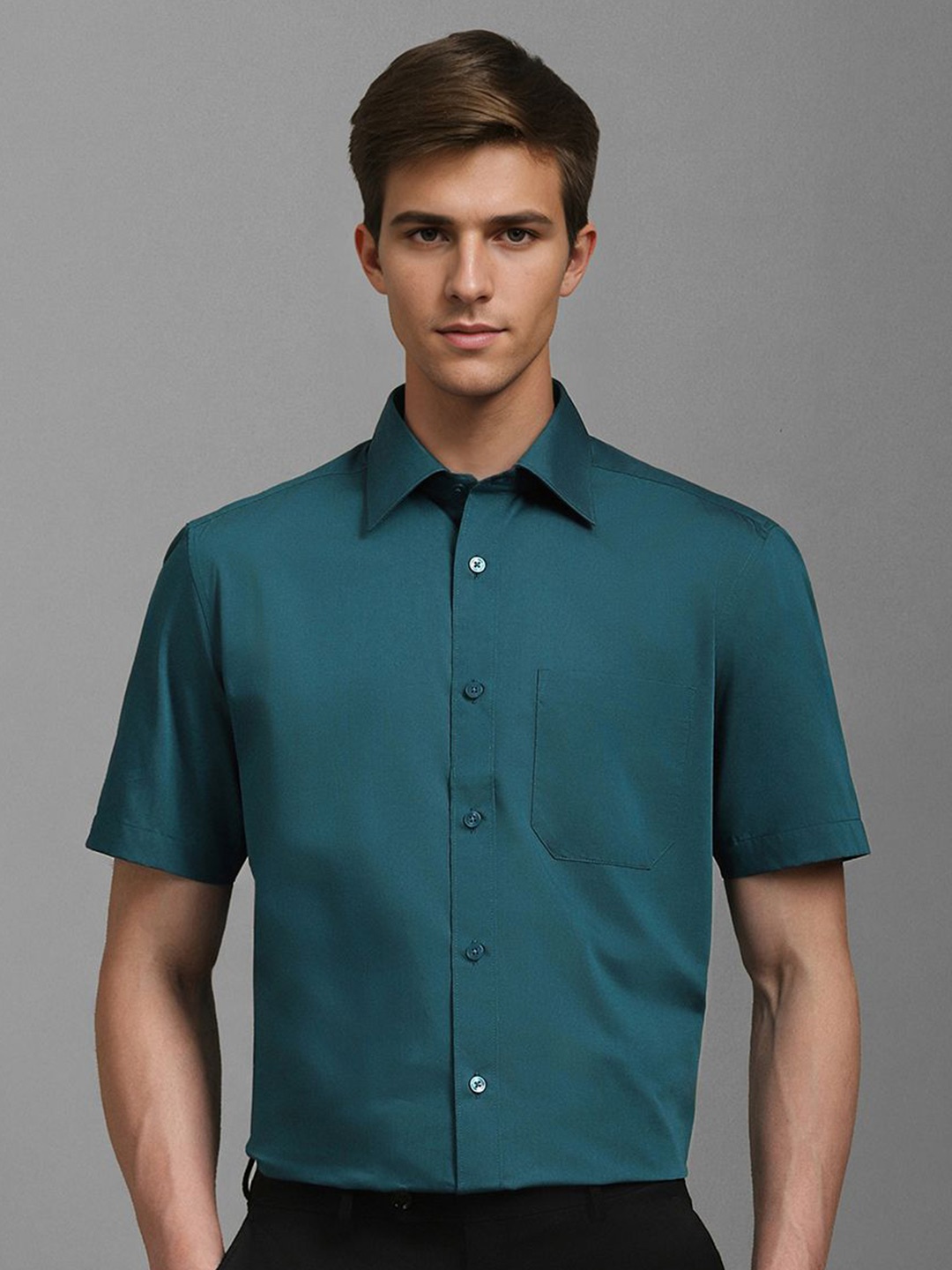 

Louis Philippe Men Classic Spread Collar Solid Cotton Formal Shirt, Teal