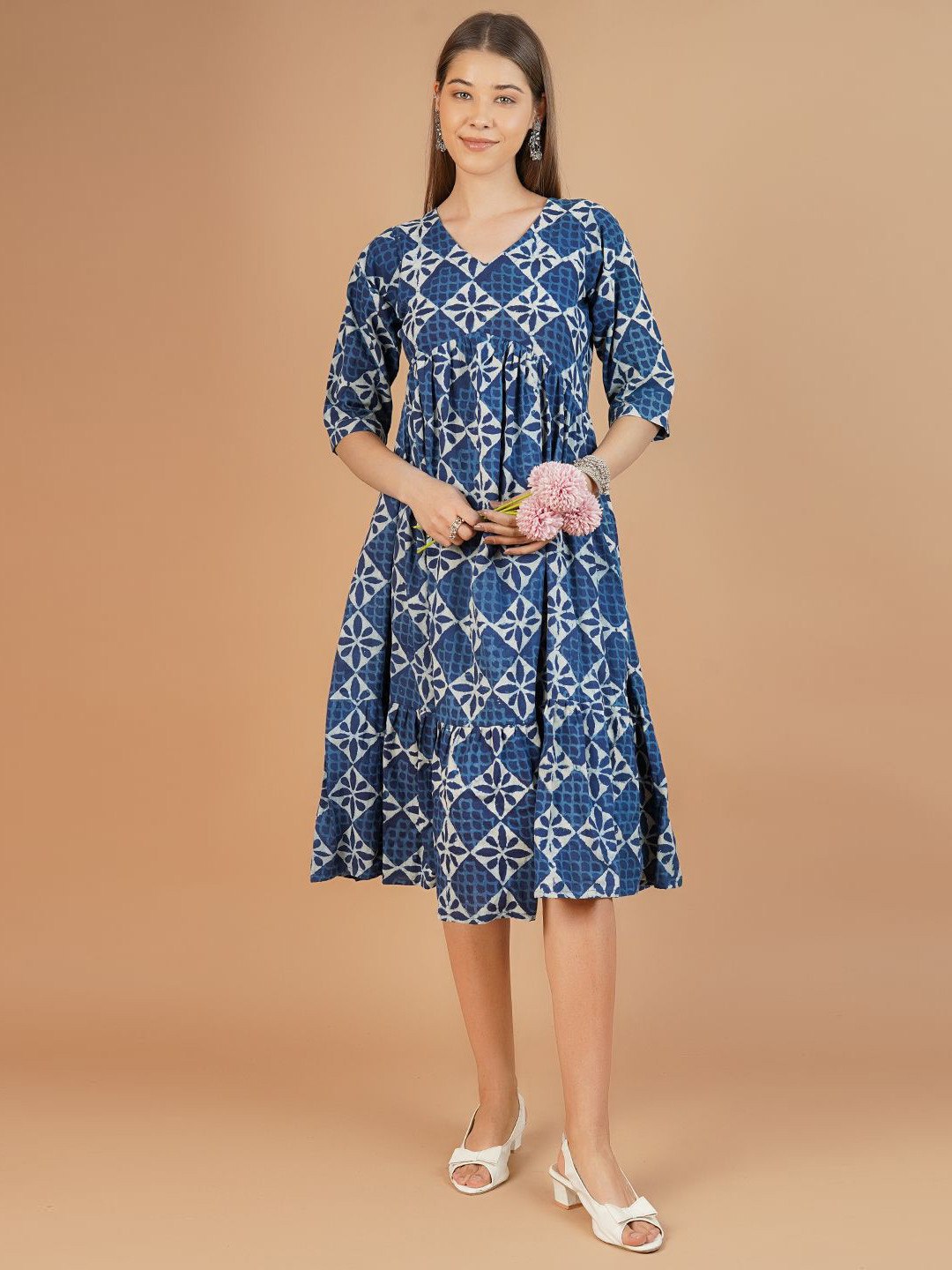 

INDOPHILIA Cotton Ethnic Motifs Printed V-Neck Three-Quarter Sleeves Empire Dresses, Blue