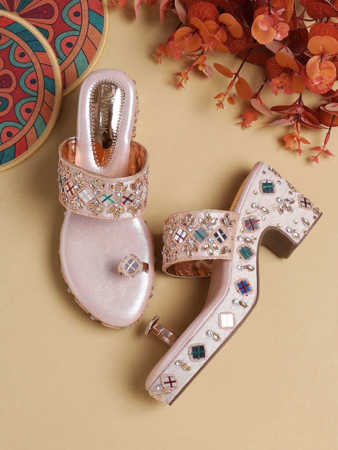 

V-WALK Women Embellished Round Toe Party Block Sandals, Champagne