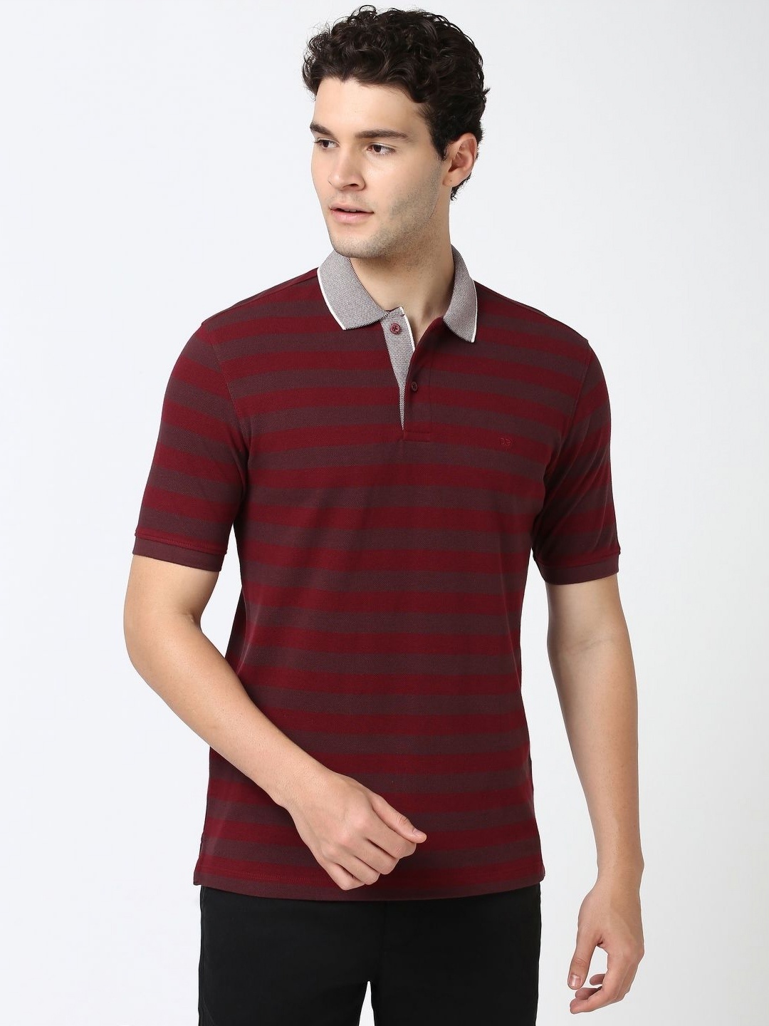 

Peter England Men Striped Polo Collar Cotton T-shirt, Maroon