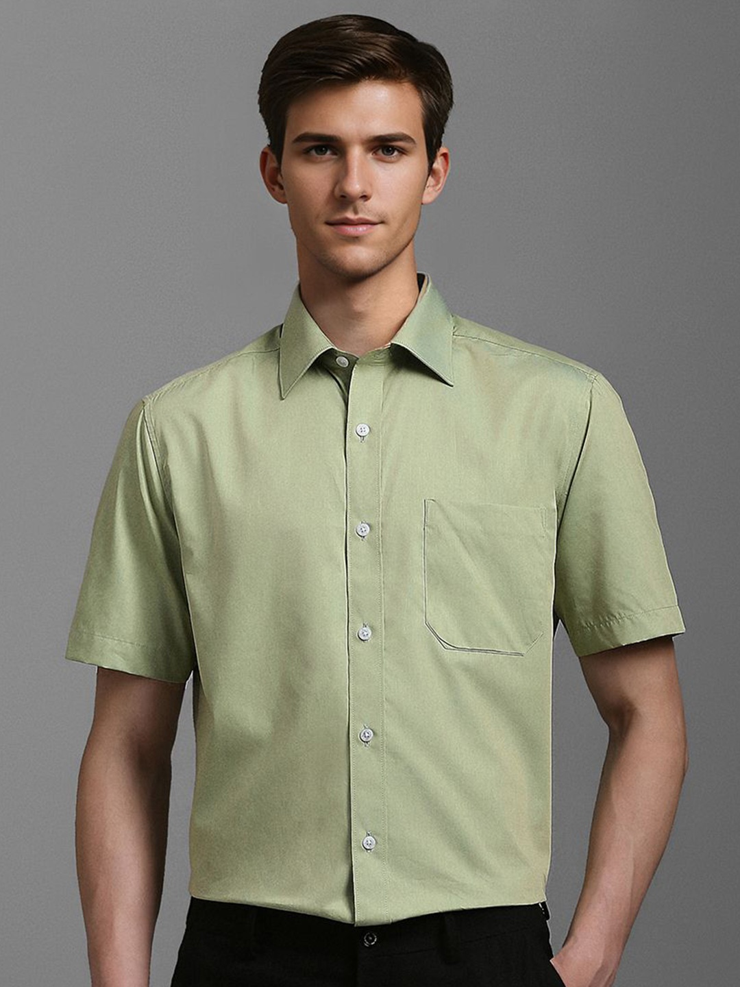 

Louis Philippe Men Classic Spread Collar Solid Cotton Formal Shirt, Green