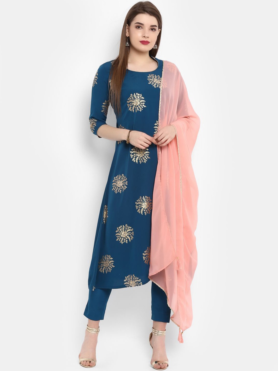 

KALINI Mandarin Collar Floral Printed A-Line Kurta with Trouser & Dupatta, Teal