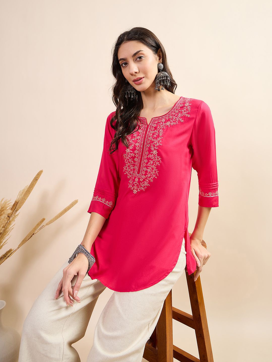 

Anouk Women Mandarin Collar Embroidered Three-Quarter Sleeves Top, Fuchsia