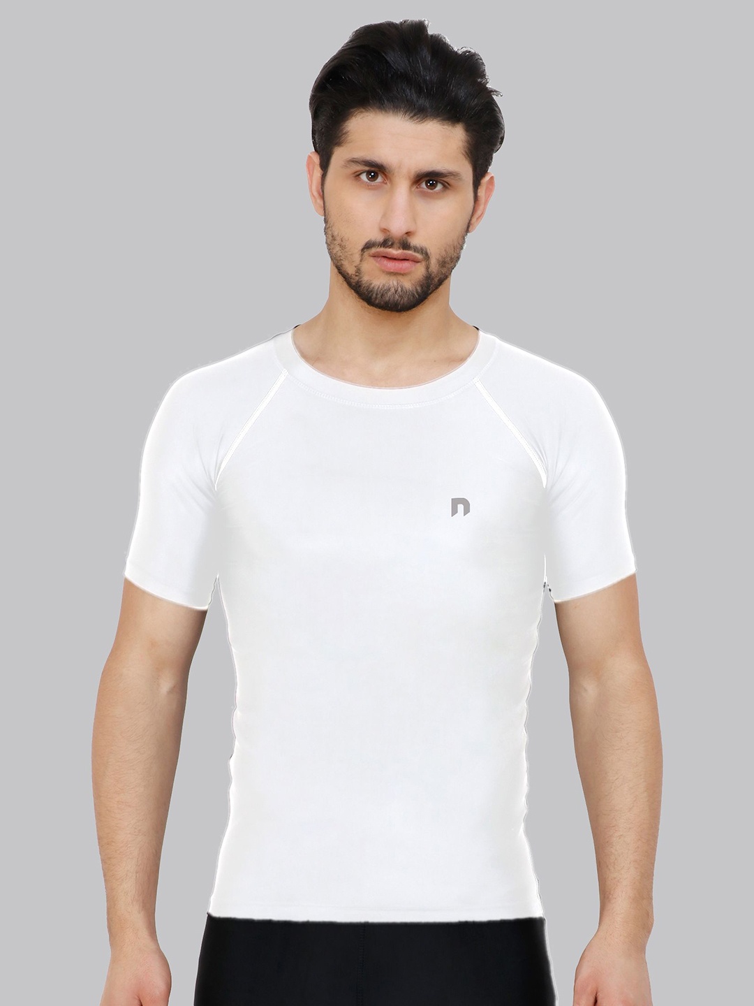 

NEVER LOSE Men Solid Round Neck Compression T-shirt, White