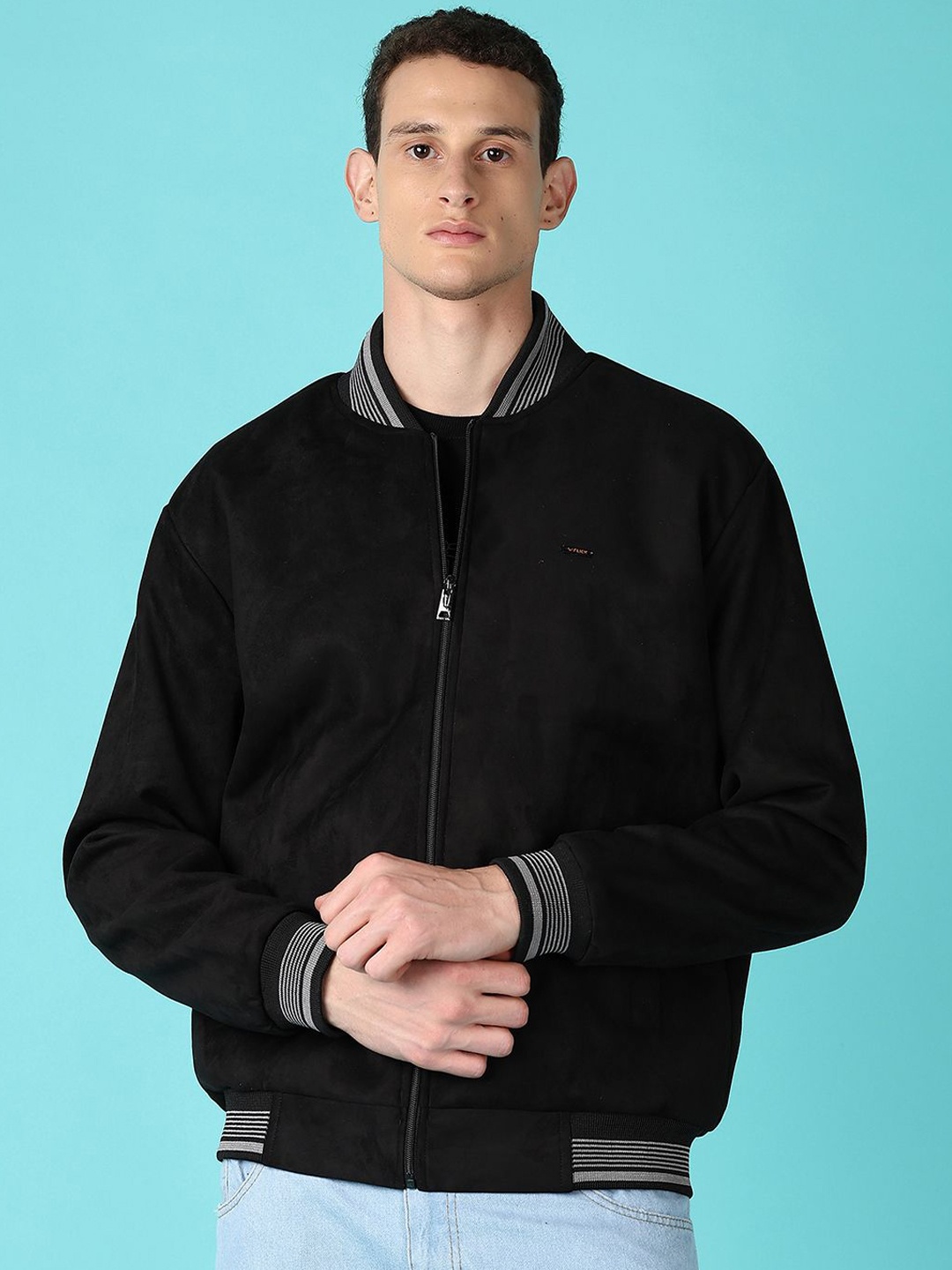 

V-Mart Men Stand Collar Solid Cotton Casual Bomber Jacket, Black