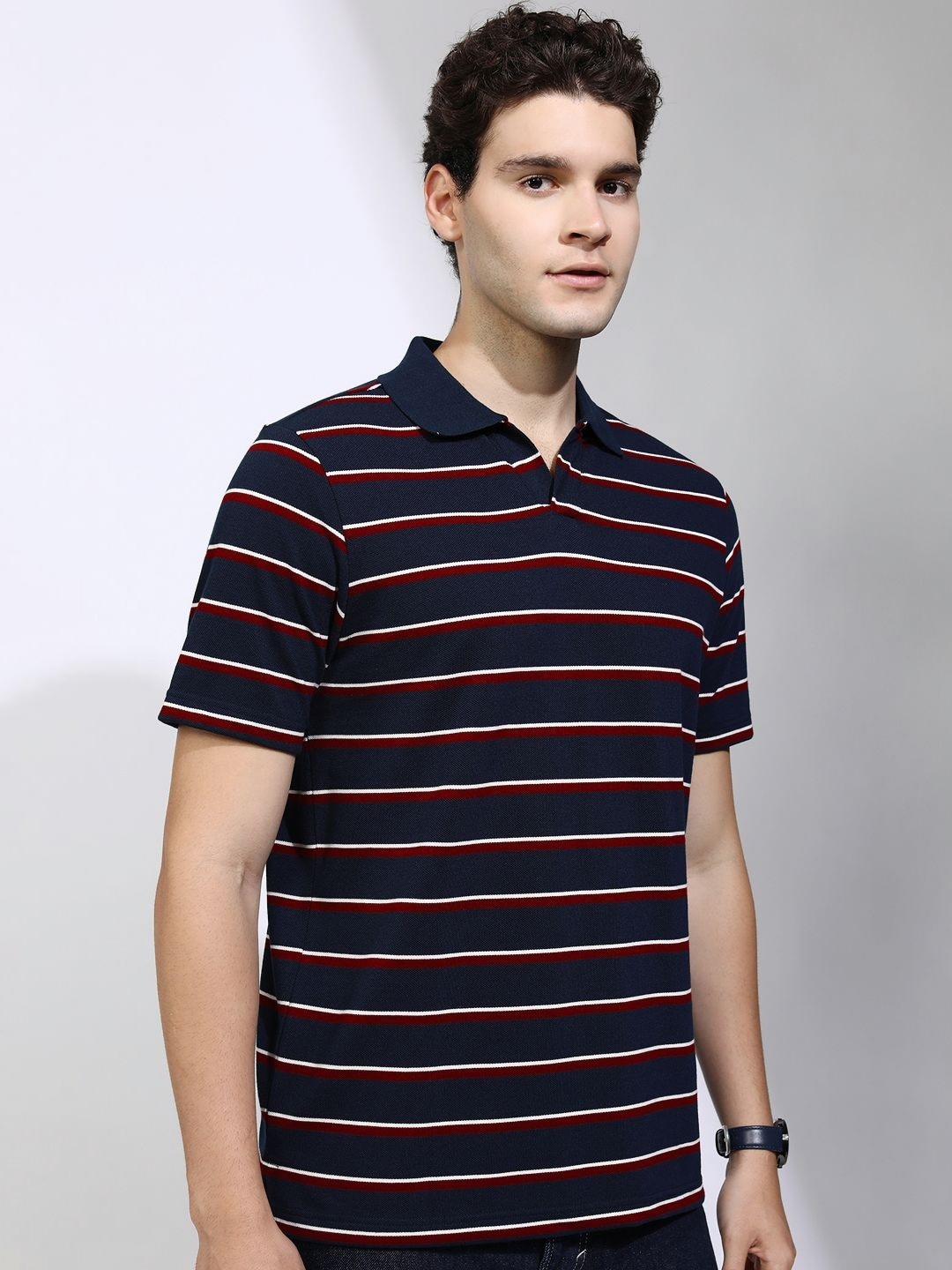 

HIGHLANDER Men Striped Polo Collar T-shirt, Navy blue