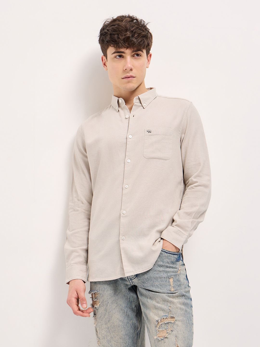 

THE BEAR HOUSE Men Button-Down Collar Solid Slim Fit Cotton Shirt, Beige
