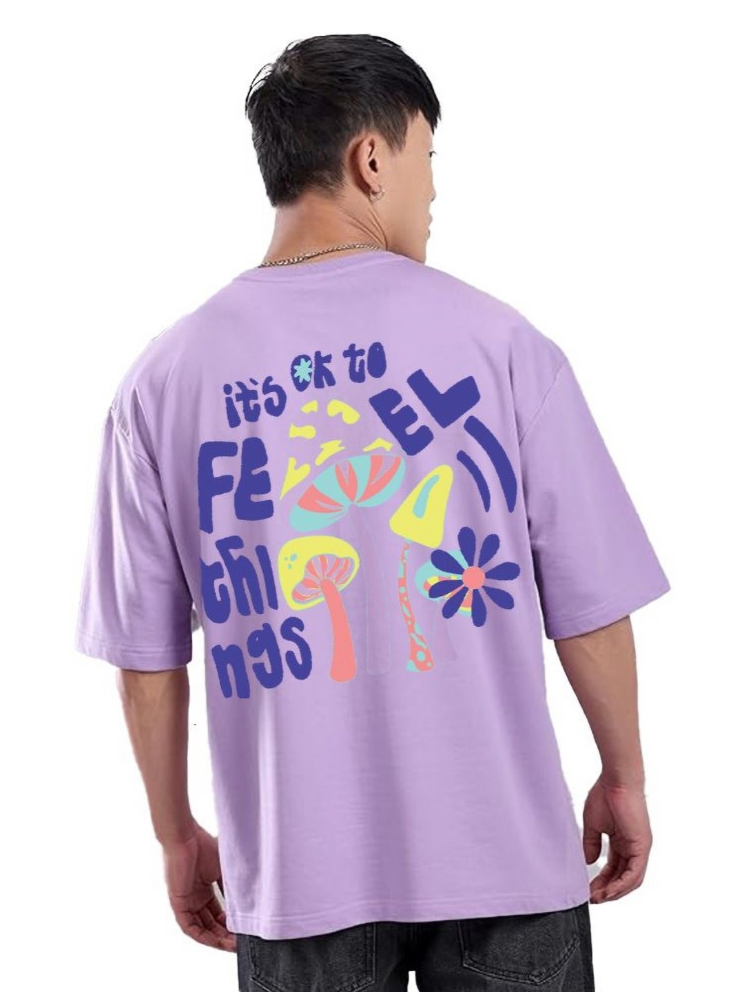 

VIXENLY Men Cotton Solid Printed Oversized T-shirt, Lavender