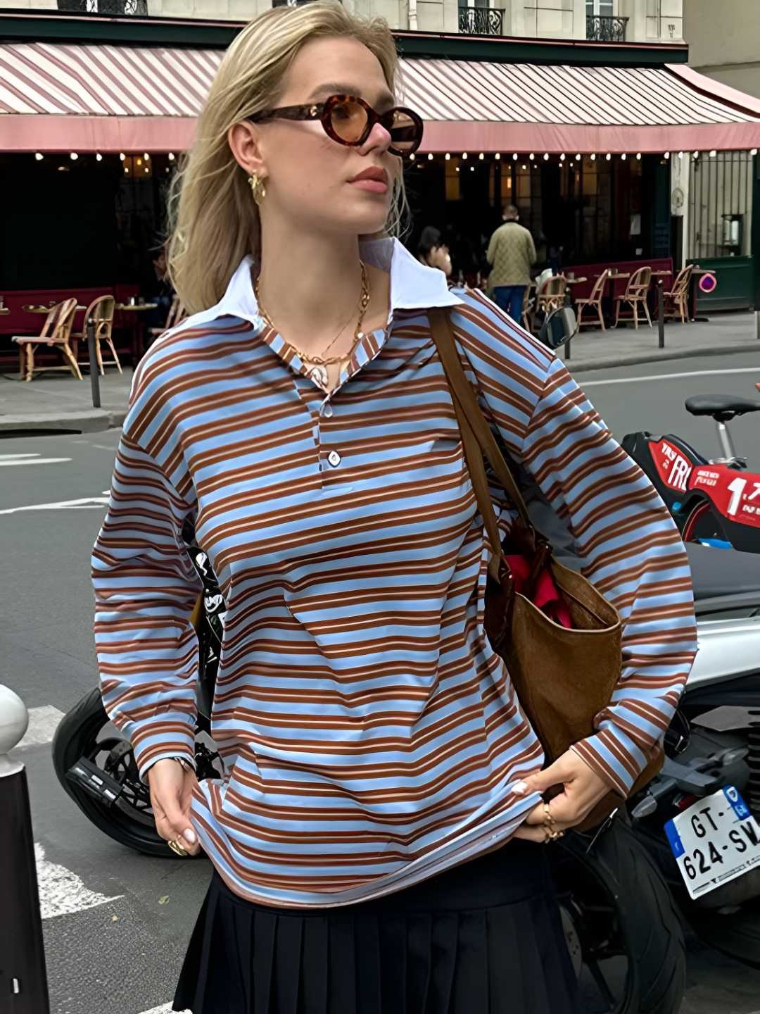

LULU & SKY Women Striped Polo Collar Oversized T-shirt, Blue