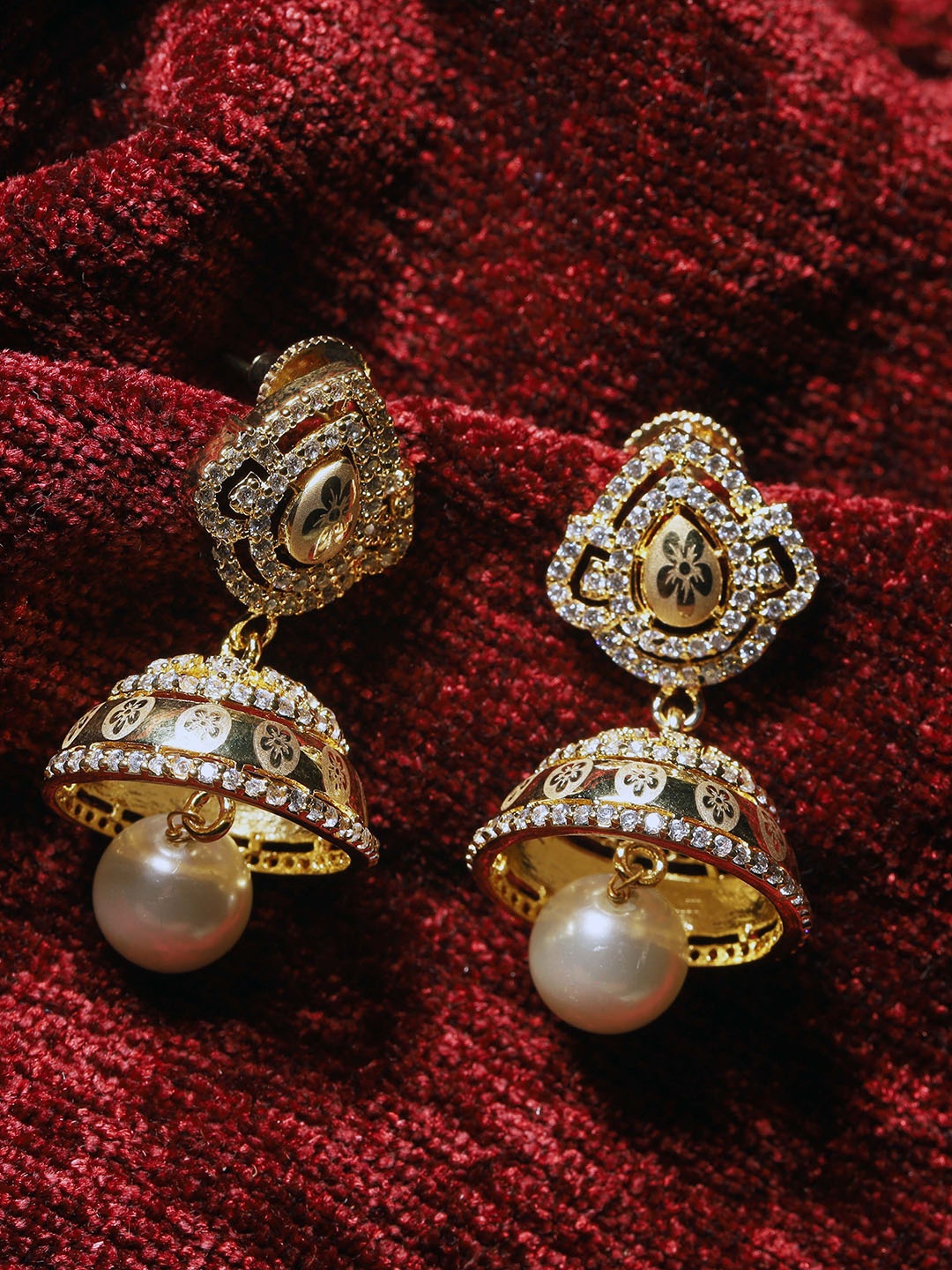 

Maansh Sterling Silver Gold Plated American Diamond Dome Shaped Jhumkas