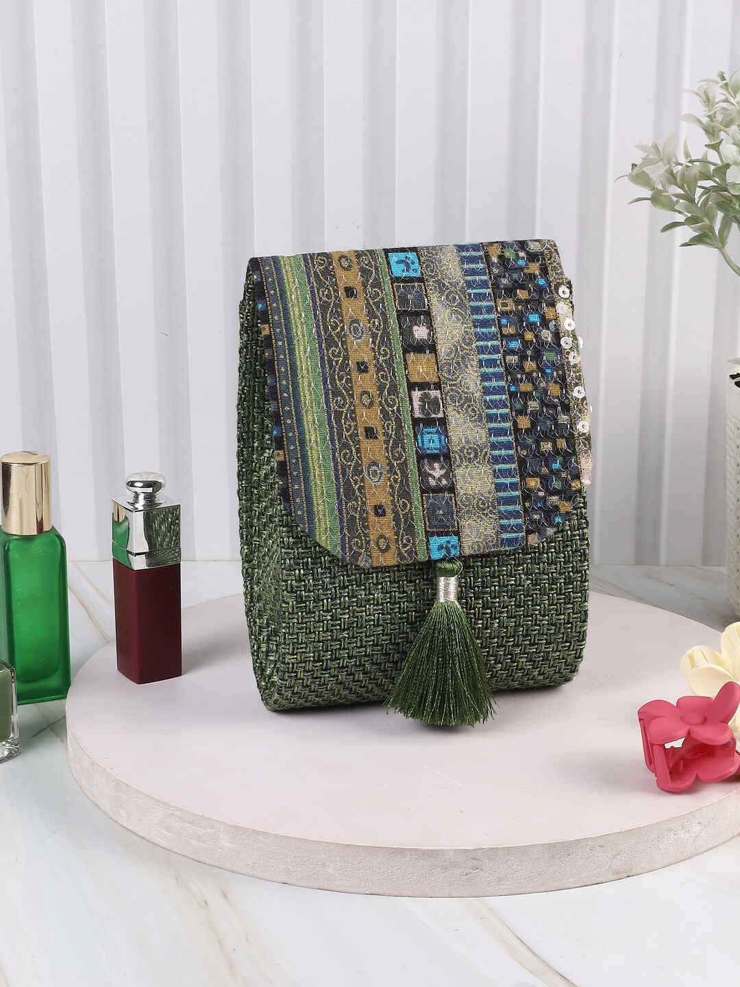 

WALKWAY by Metro Women Ethnic Motifs Tasselled Shoulder Bag, Green