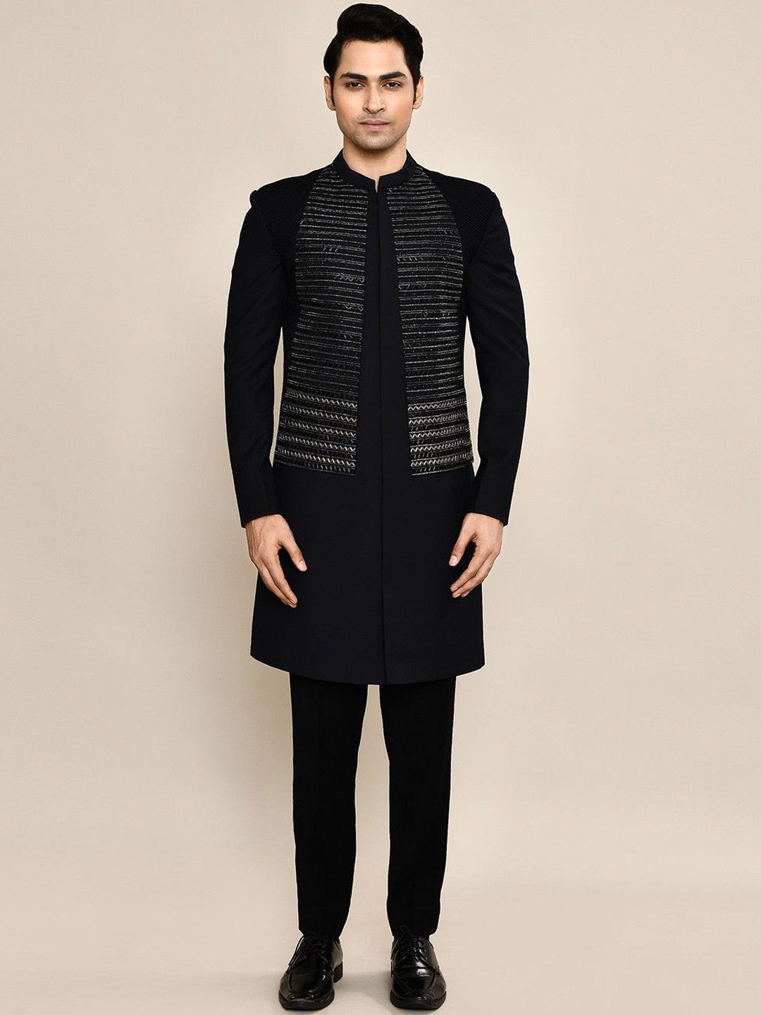 

Aryavir Malhotra Men Aztec Bead Embroidered Achkan Set, Blue