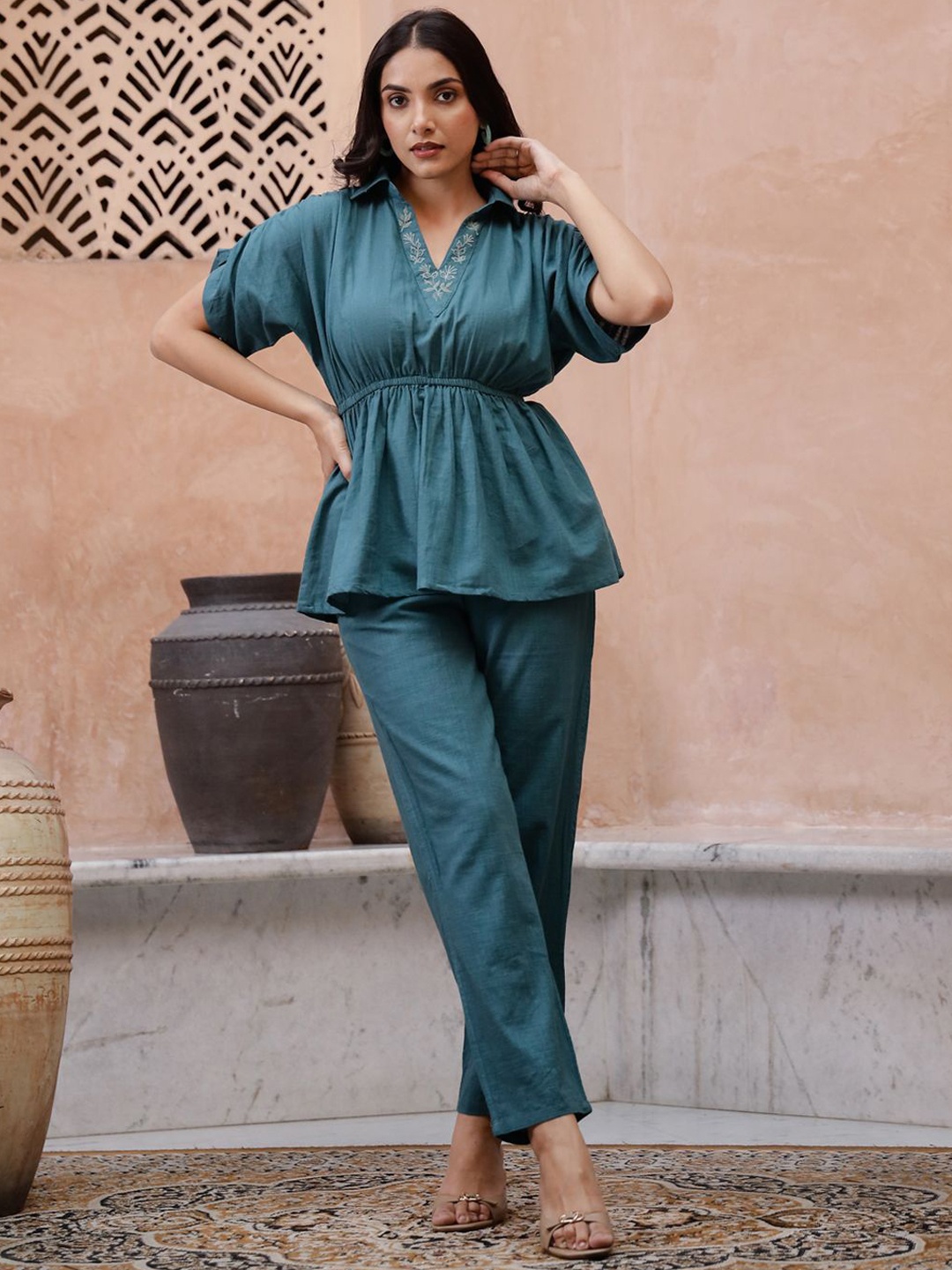 

Sangria Blue Shirt Collar Embroiderd Top With Trouser