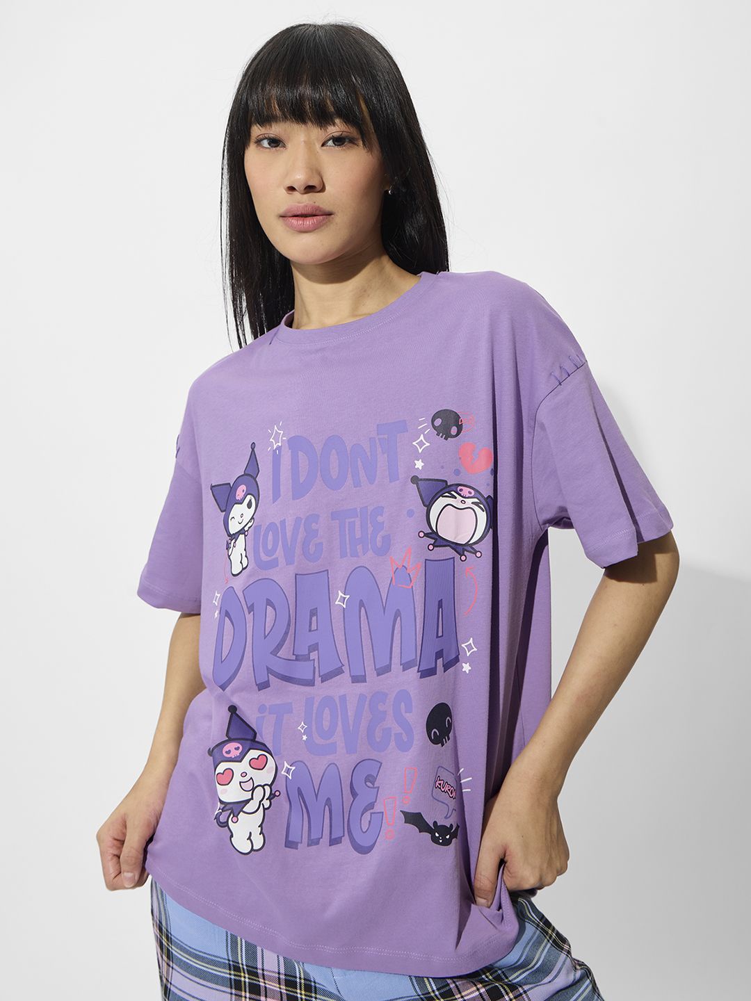 

The Souled Store Women Typography Printed Round Neck Cotton Oversized Hello Kitty T-shirt, Lavender