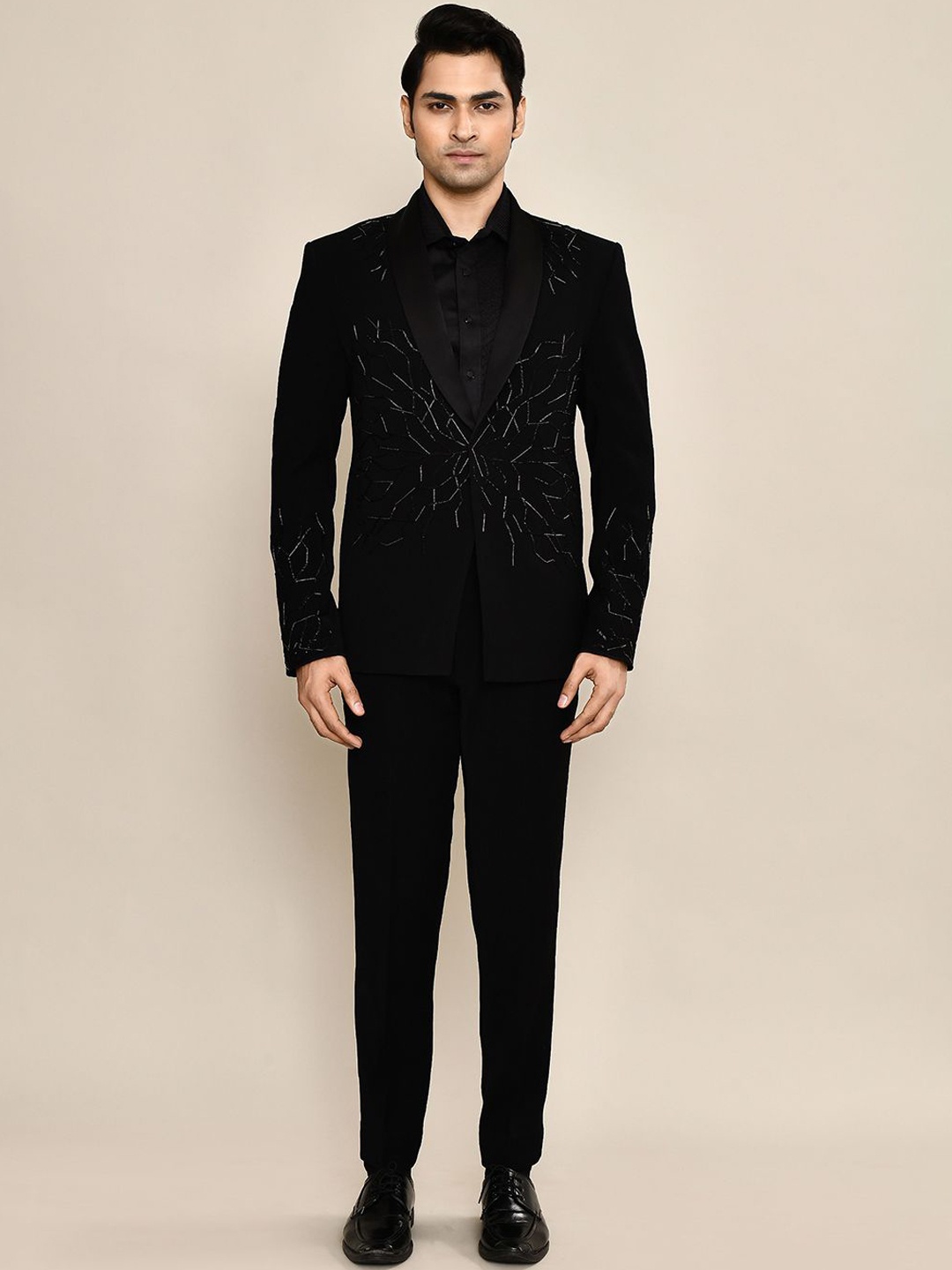 

Aryavir Malhotra Men Embroidered Tuxedo Three-Piece Formal Suit, Black