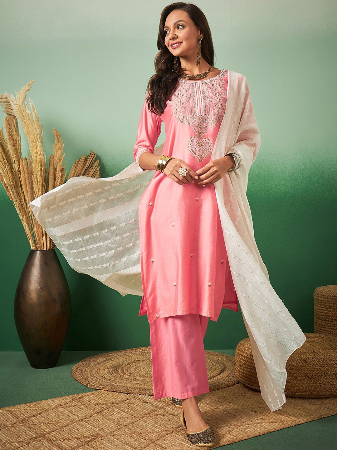 

SAHASIKA Floral Printed Chanderi Cotton Kurta with Palazzo & Dupatta, Pink