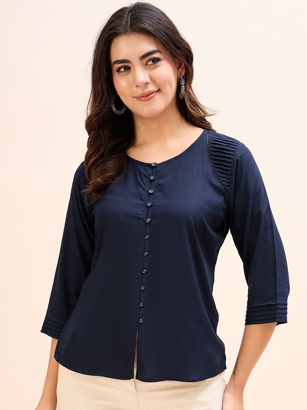 

Anouk Solid Round Neck Top, Navy blue