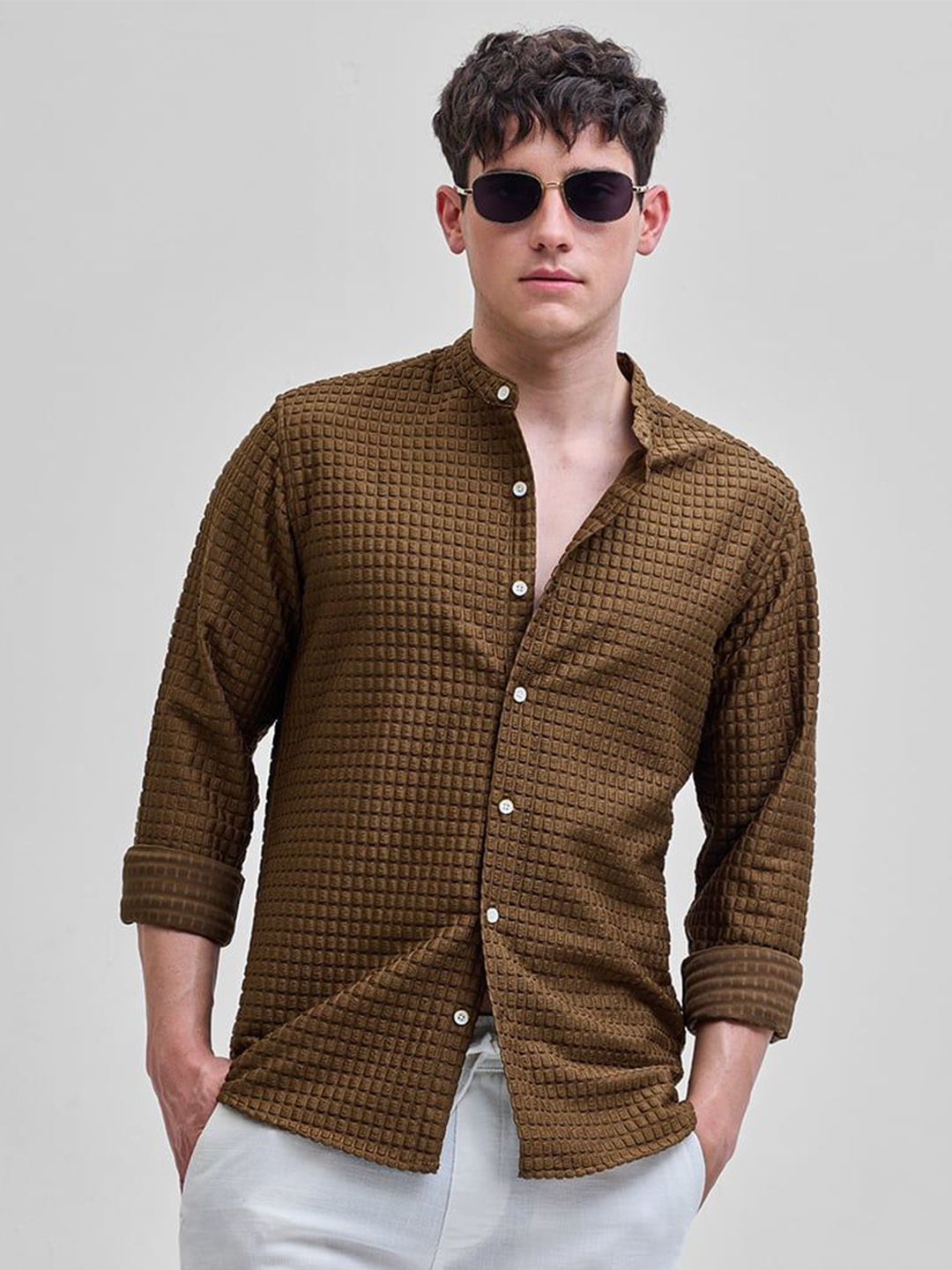 

Snitch Men Smart Band Collar Textured Casual Shirt, Brown