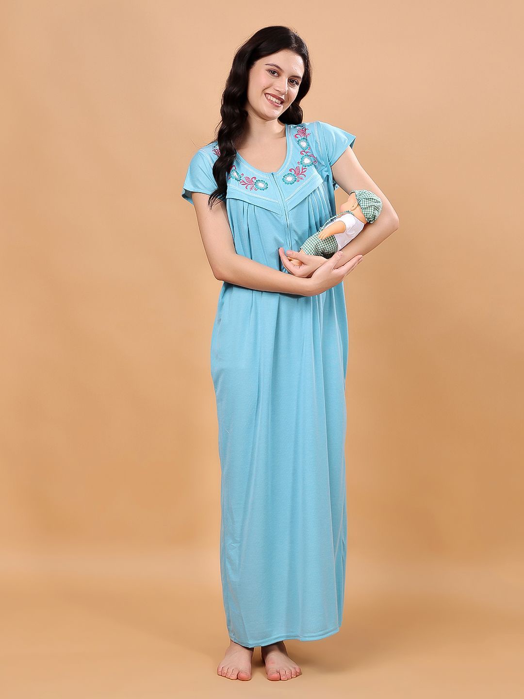 

NIGHT KEYS Women Maternity Maxi Nightdress, Blue