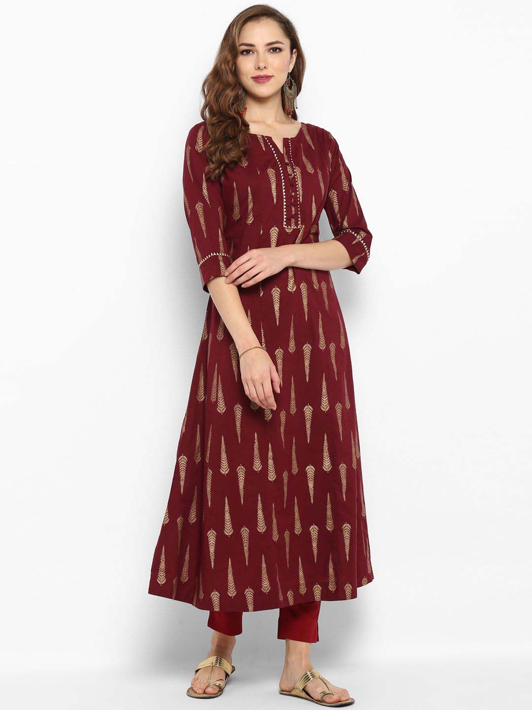 

KALINI Ethnic Motifs Printed Gotta Patti A-line Pure Cotton Kurta, Maroon