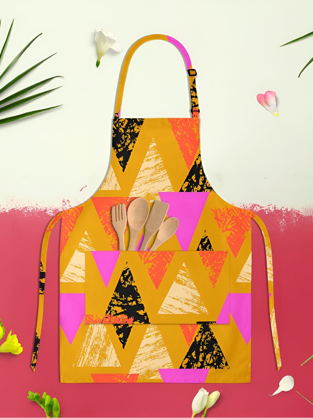 

ArtzFolio Mustard Yellow & Pink Printed Cotton Aprons