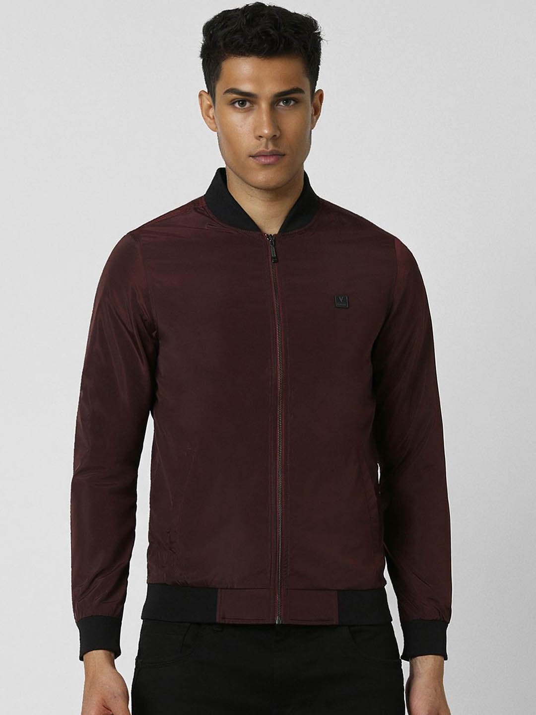 

Van Heusen Men Stand Collar Solid Casual Bomber Jacket, Maroon