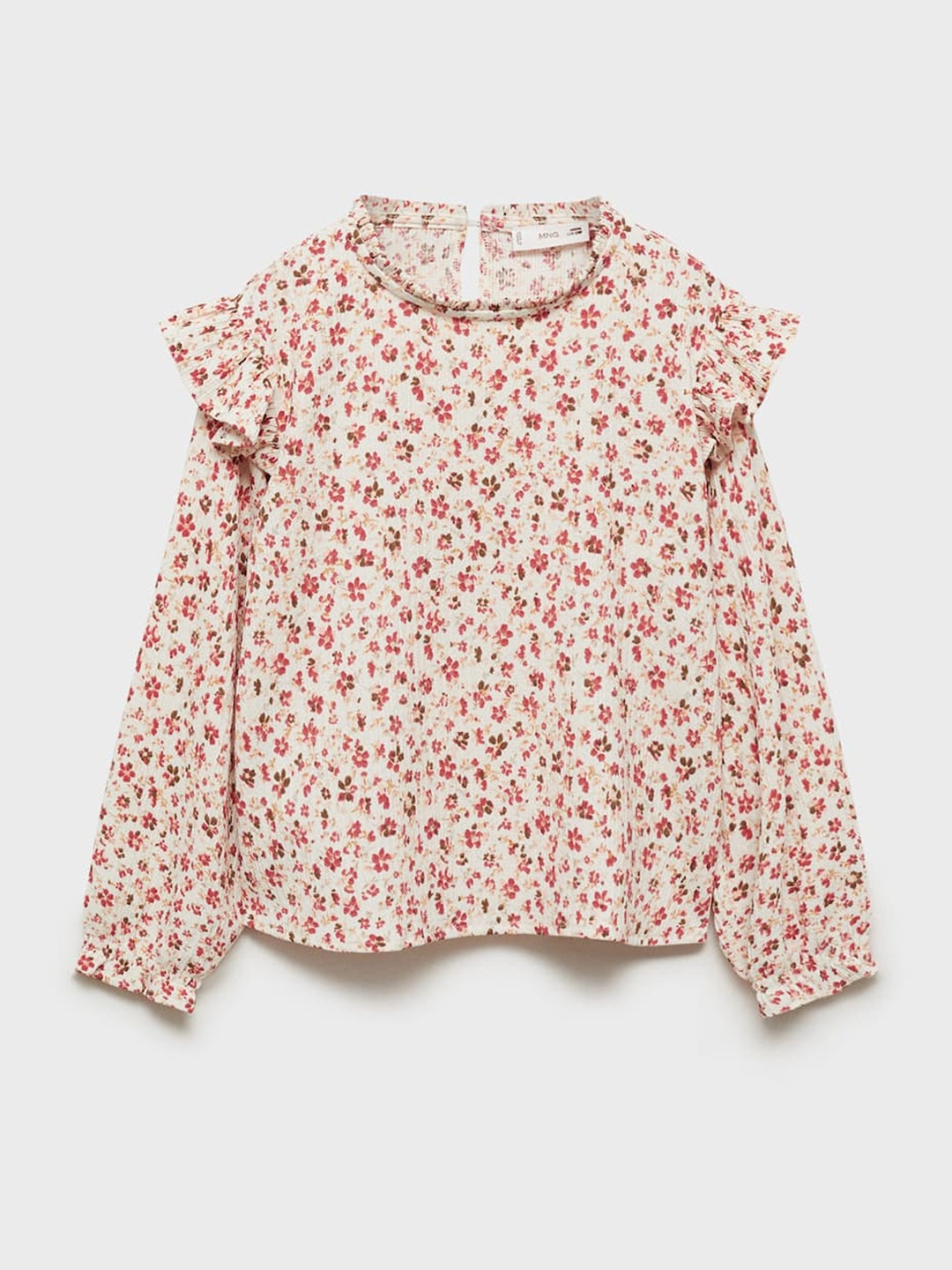 

Mango Kids Girls Floral Print Puff Sleeve Ruffle Detail Top, Off white