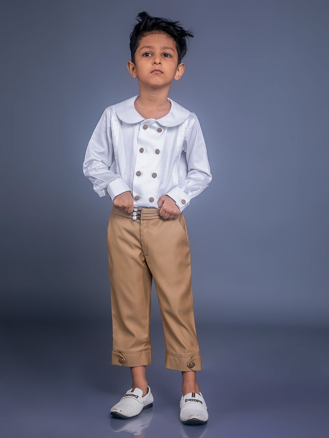 

BAYA COUTURE Boys Spread Collar Cotton Party Shirt with Trousers, Brown