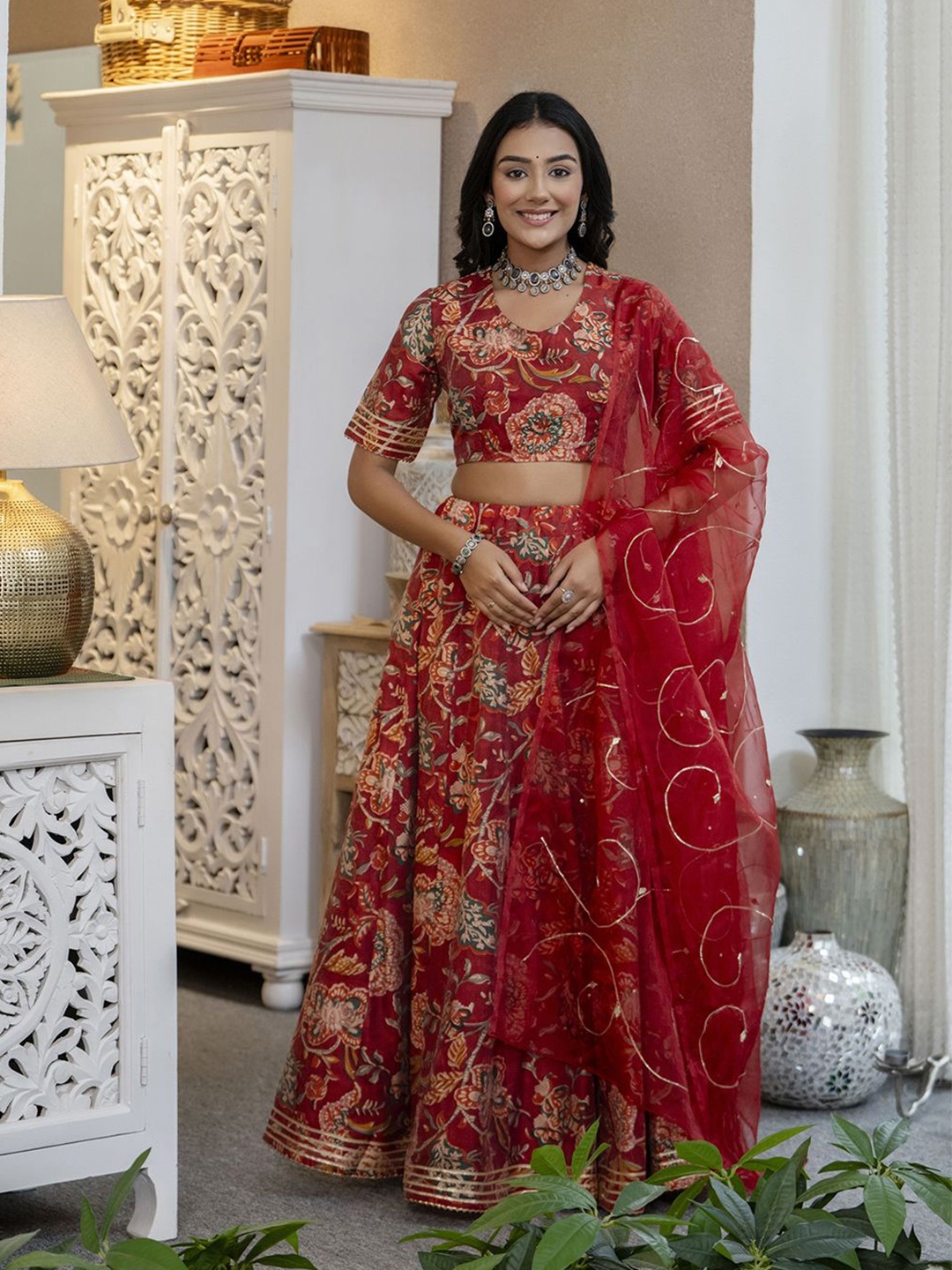 

KALINI Printed Ready to Wear Lehenga & Blouse With Dupatta, Red