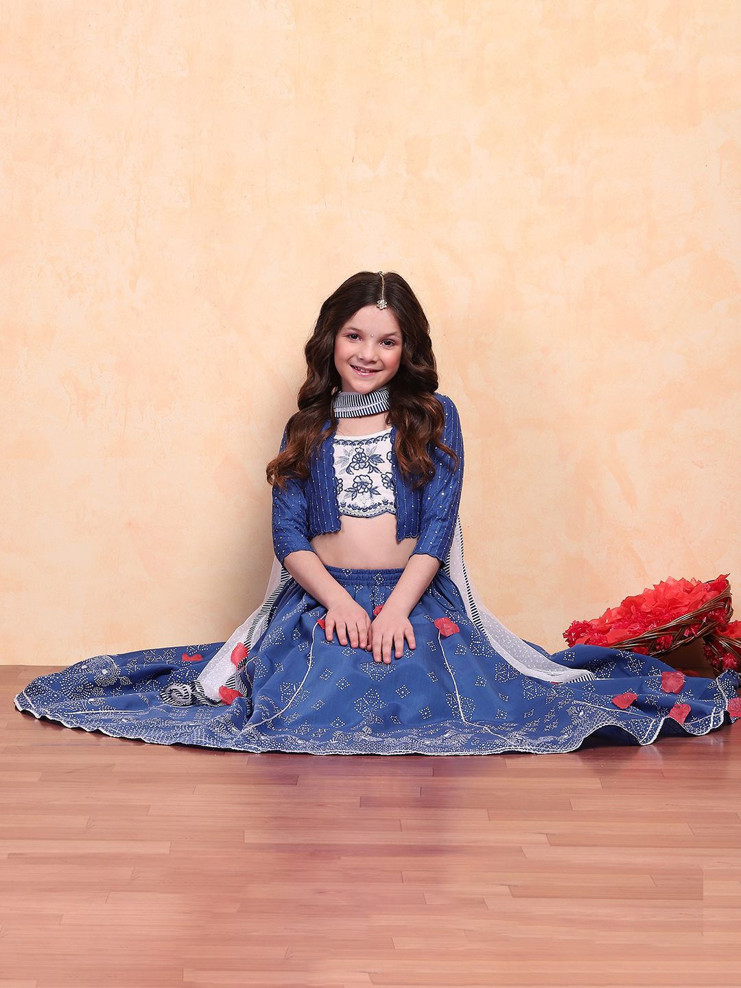 

Biba Girls Floral Embroidered Ready to Wear Lehenga & Blouse With Dupatta, Blue