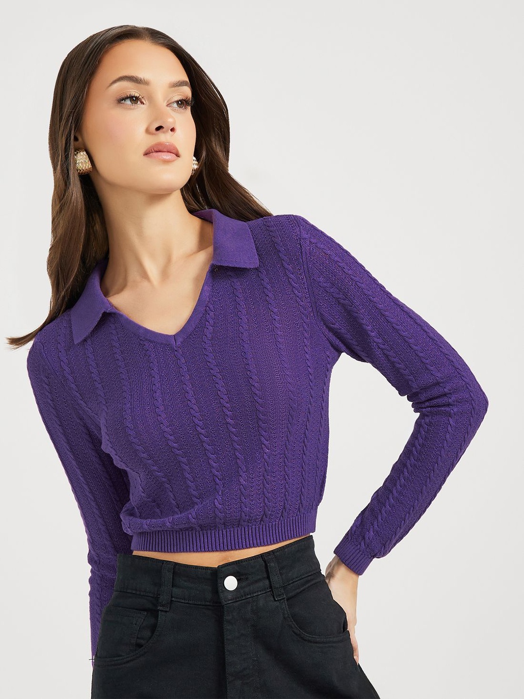 

Styli Women Cropped Length V Neck Collared Sweater, Purple