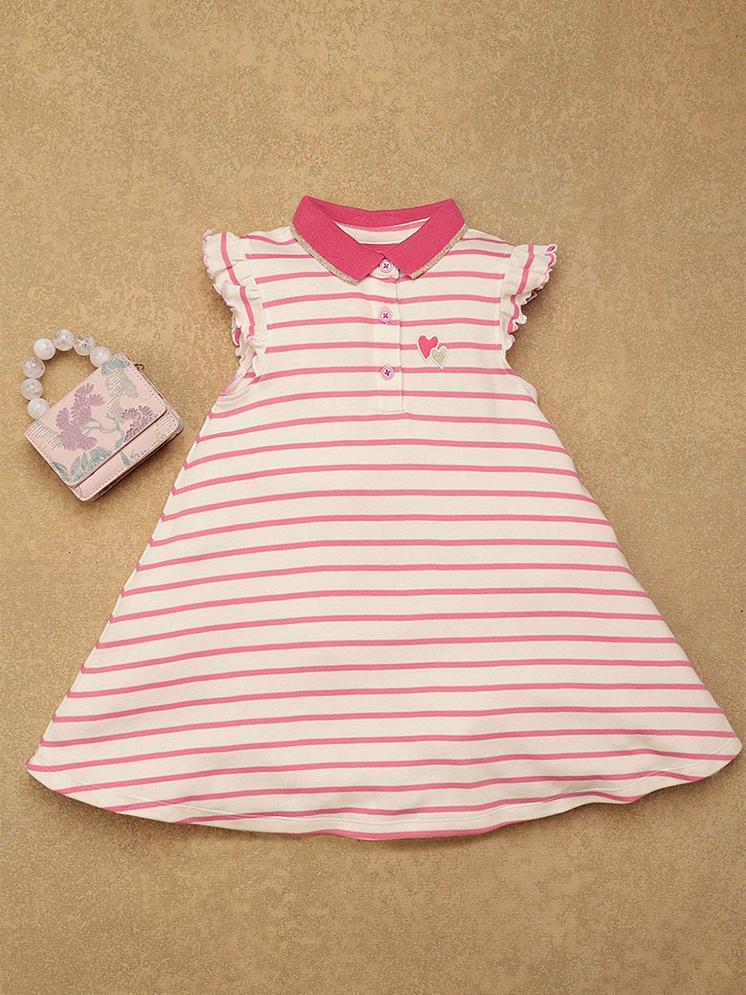 

One Friday Girls Cotton Striped A-Line Dress, Pink