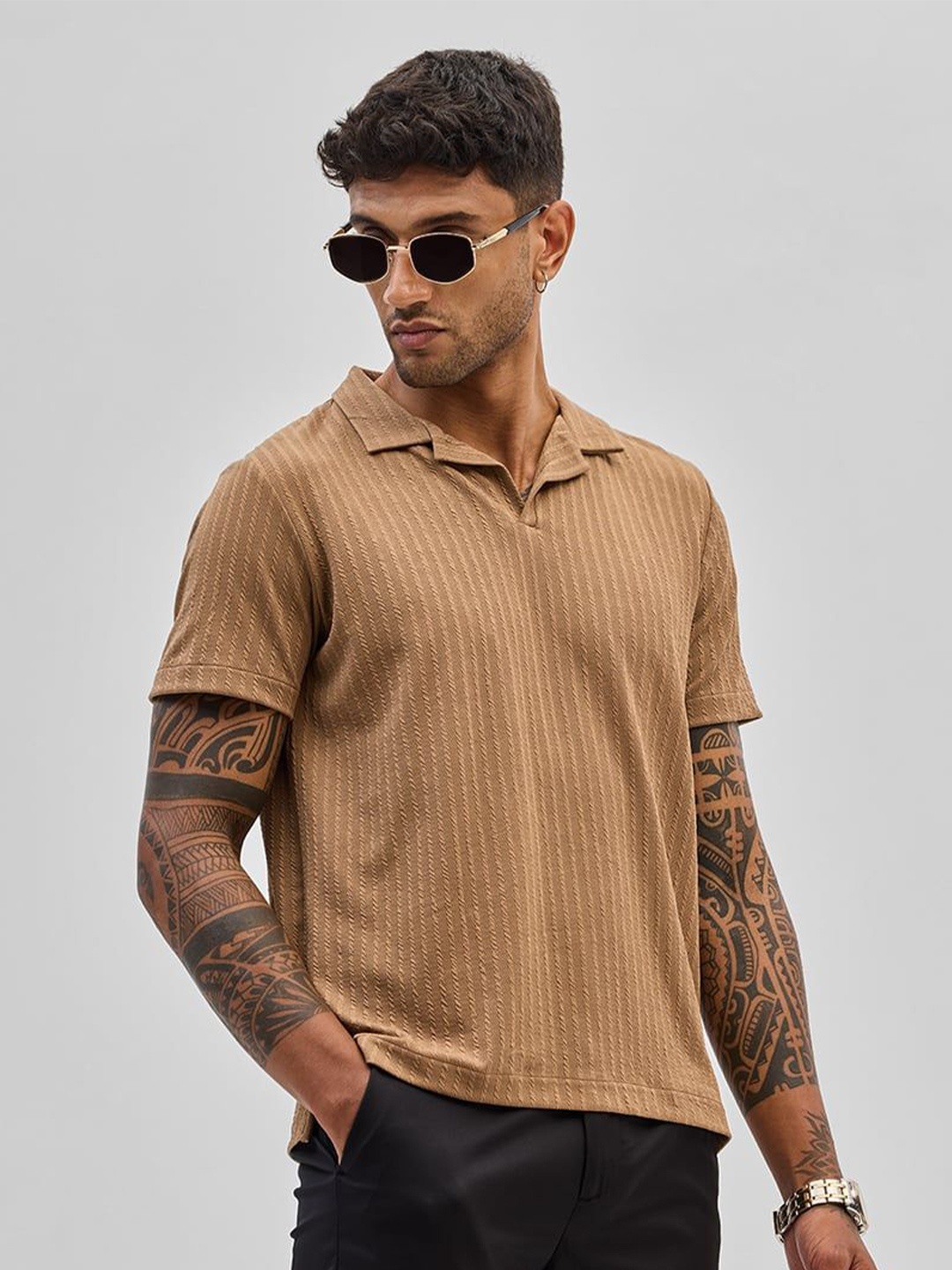 

Snitch Men Self Design Polo Collar Slim Fit T-shirt, Brown