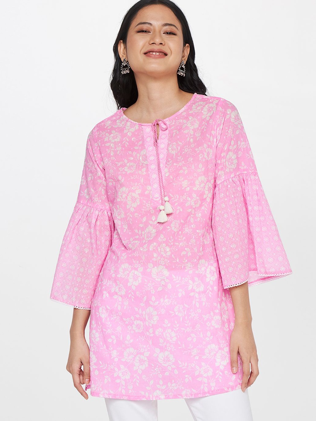 

Global Desi Women Floral Printed Cotton Round Neck Three-Quarter Sleeves Tunic, Pink