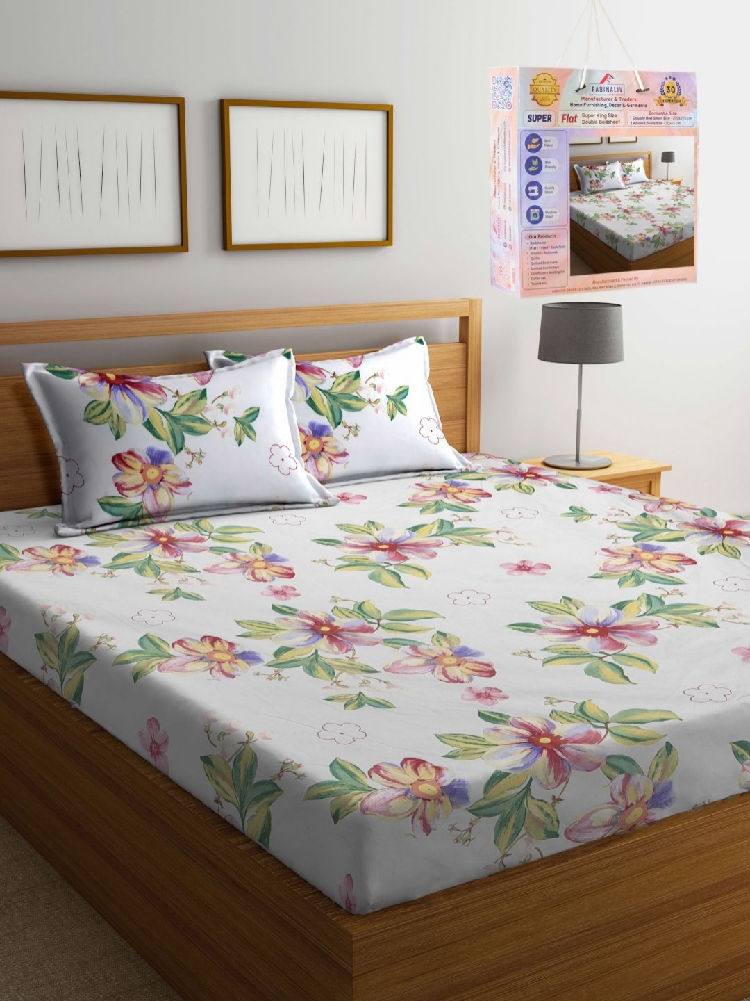 

FABINALIV White & Green Floral Printed 300 TC King Bedsheet Set 2.70 m x 2.70 m