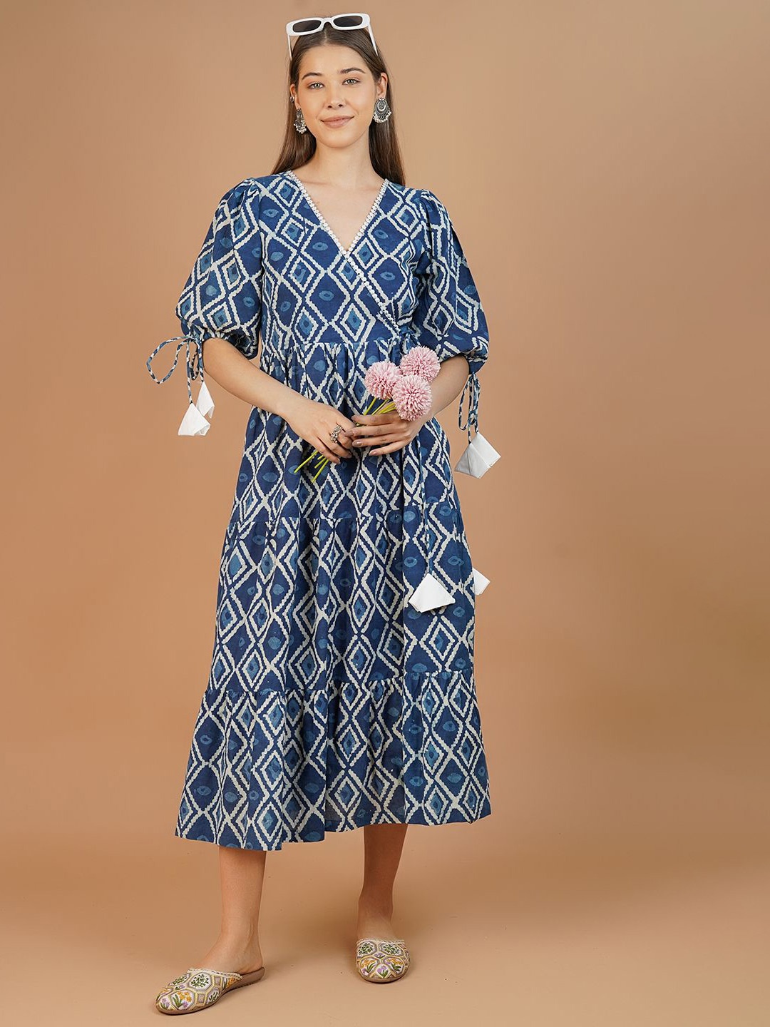 

INDOPHILIA Printed Fit and Flare Midi Ethnic Dresses, Navy blue