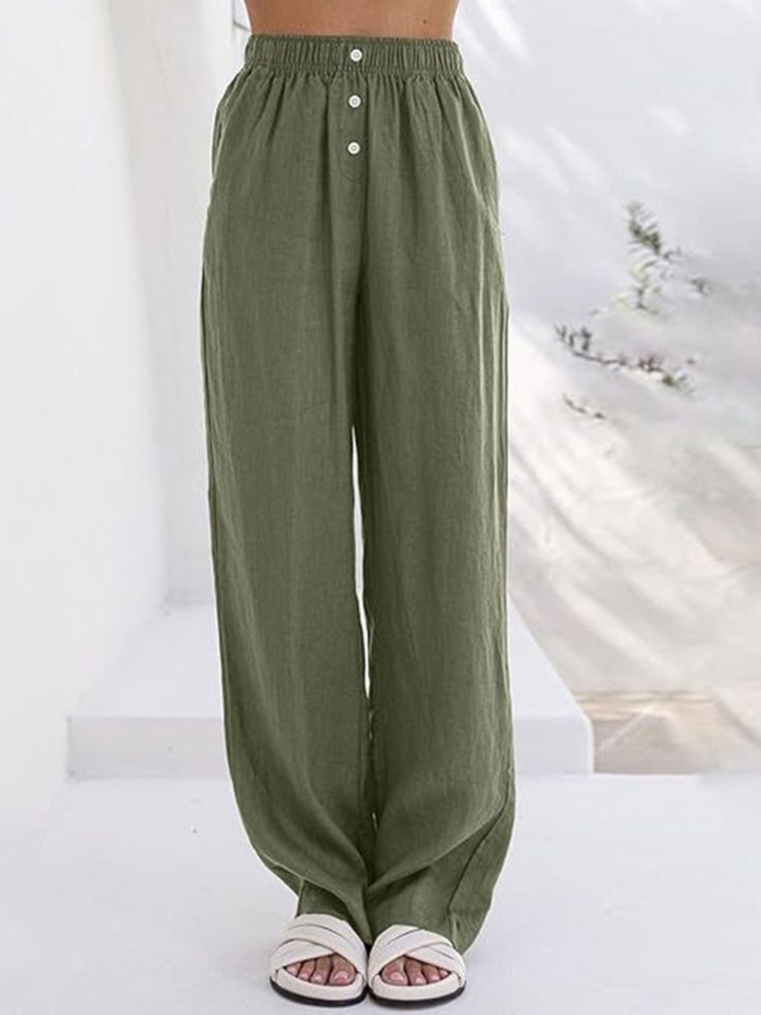 

LULU & SKY Women Solid Loose Fit High-Rise Trousers, Green