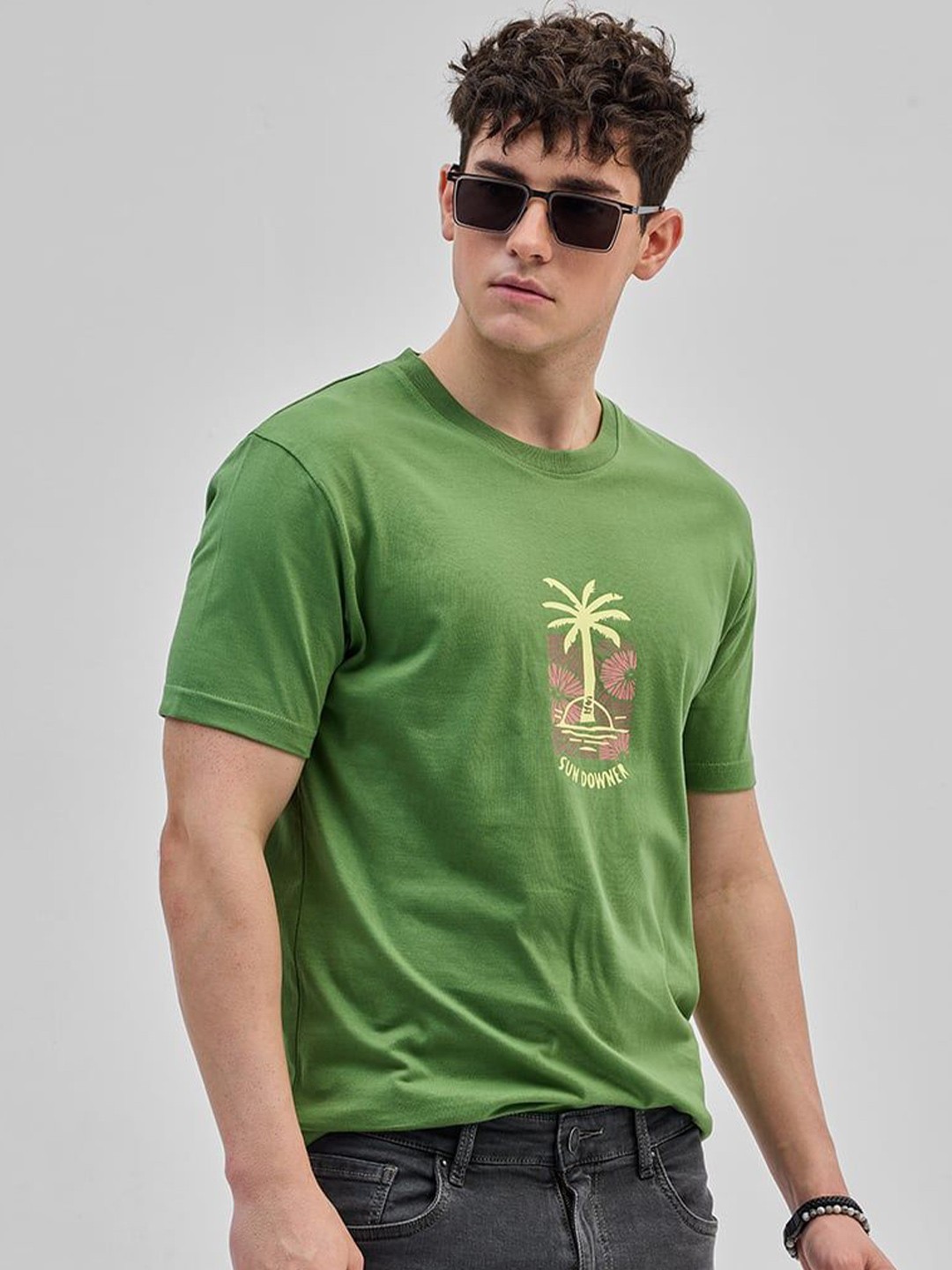 

Snitch Men Graphic Printed Round Neck Cotton Slim Fit T-shirt, Green